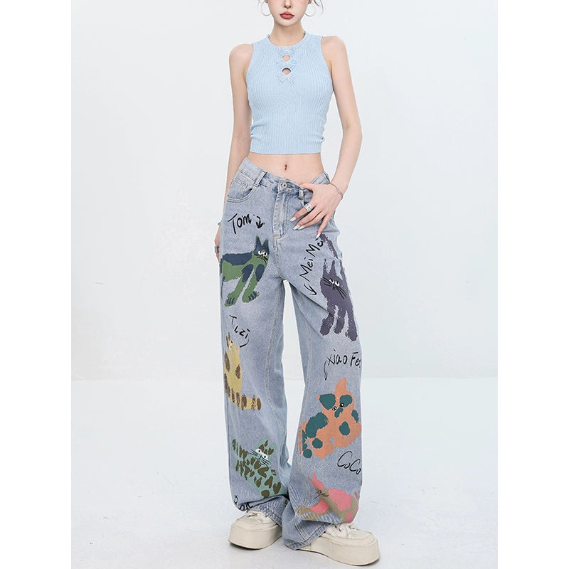 ABWEAR Whimsical Critter Doodle Wide-Leg Jeans