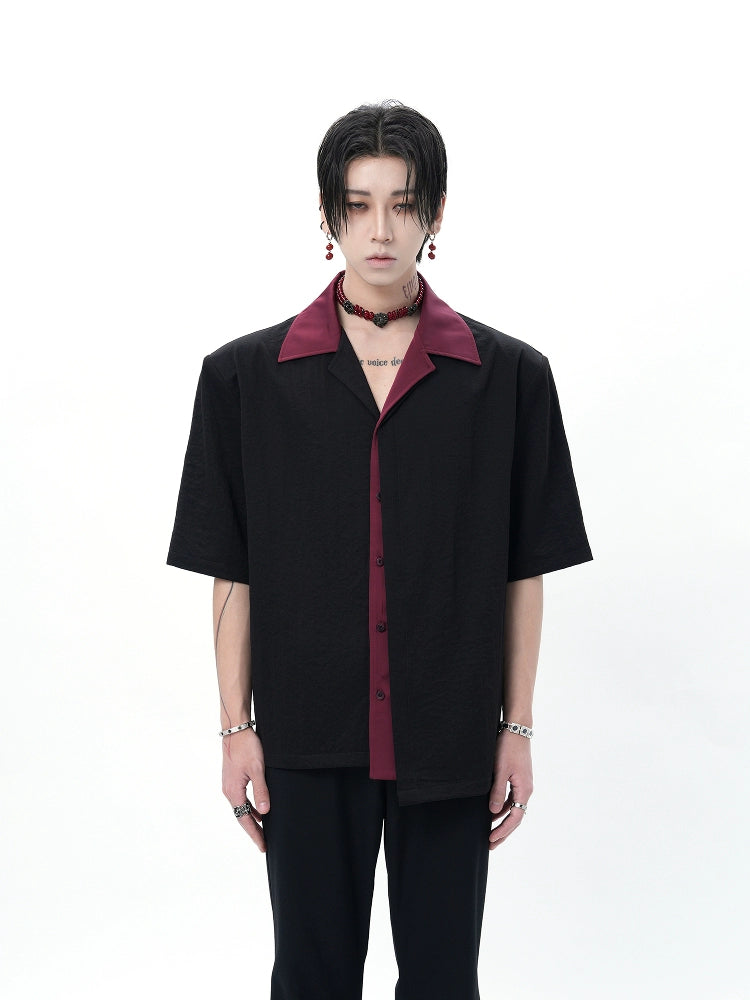 Black Short-Sleeve Button-Up Shirt with Burgundy Collar and Placket