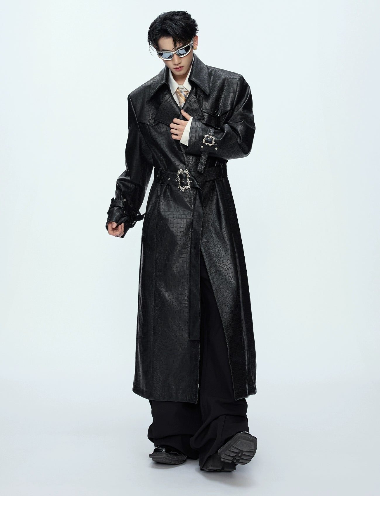 Crocodile Pattern Black Trench Coat
