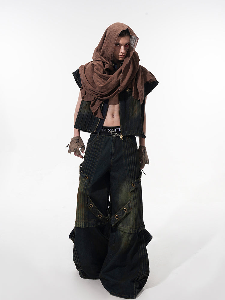 Standing-Neck Industrial Denim Jacket and Denim Pants Setup