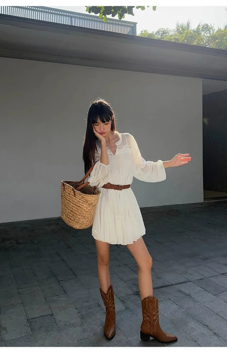 Summer French Style White Shirt Dress - chiclara