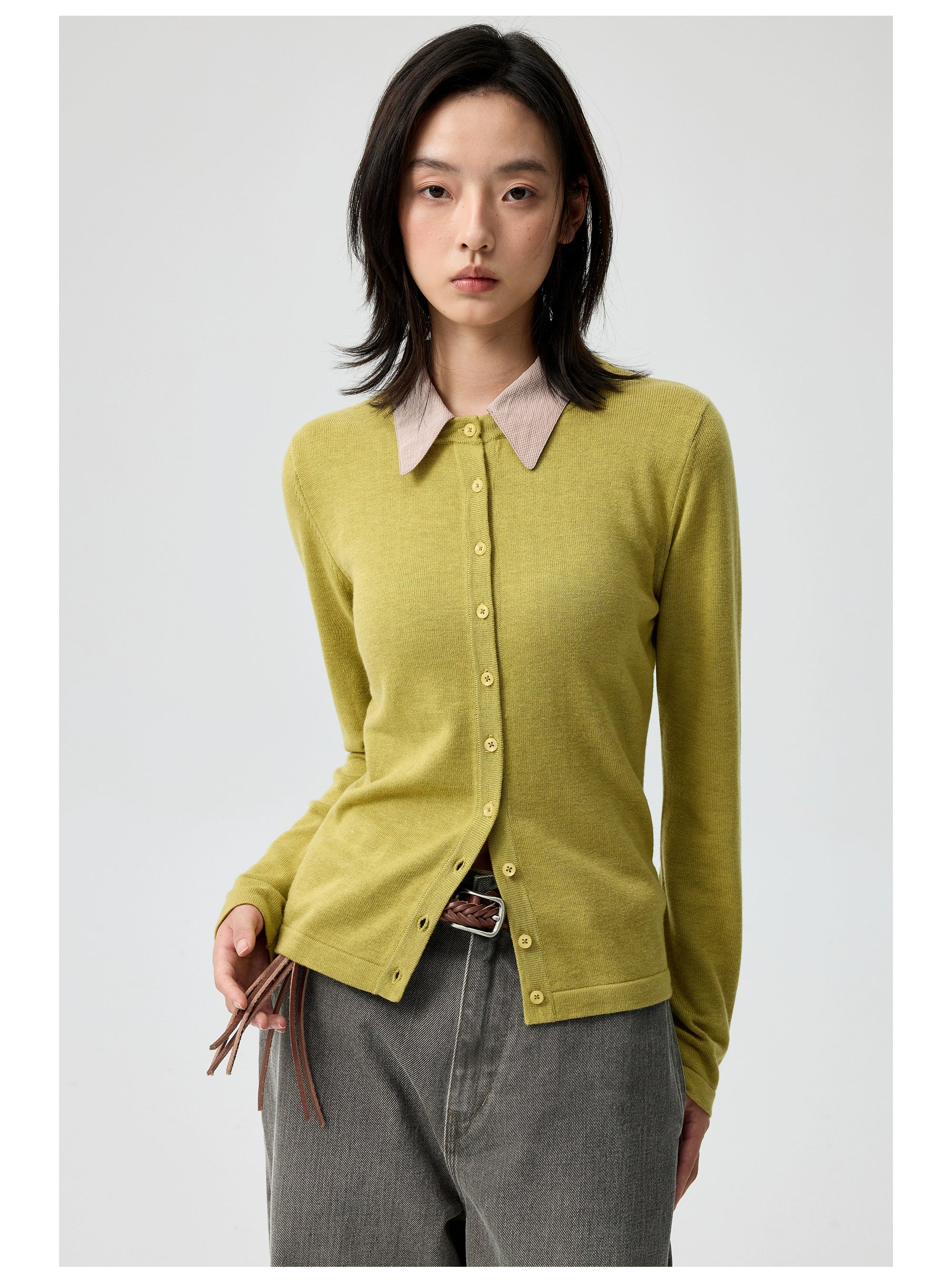 Button-Up Cardigan with Detachable Contrast Collar