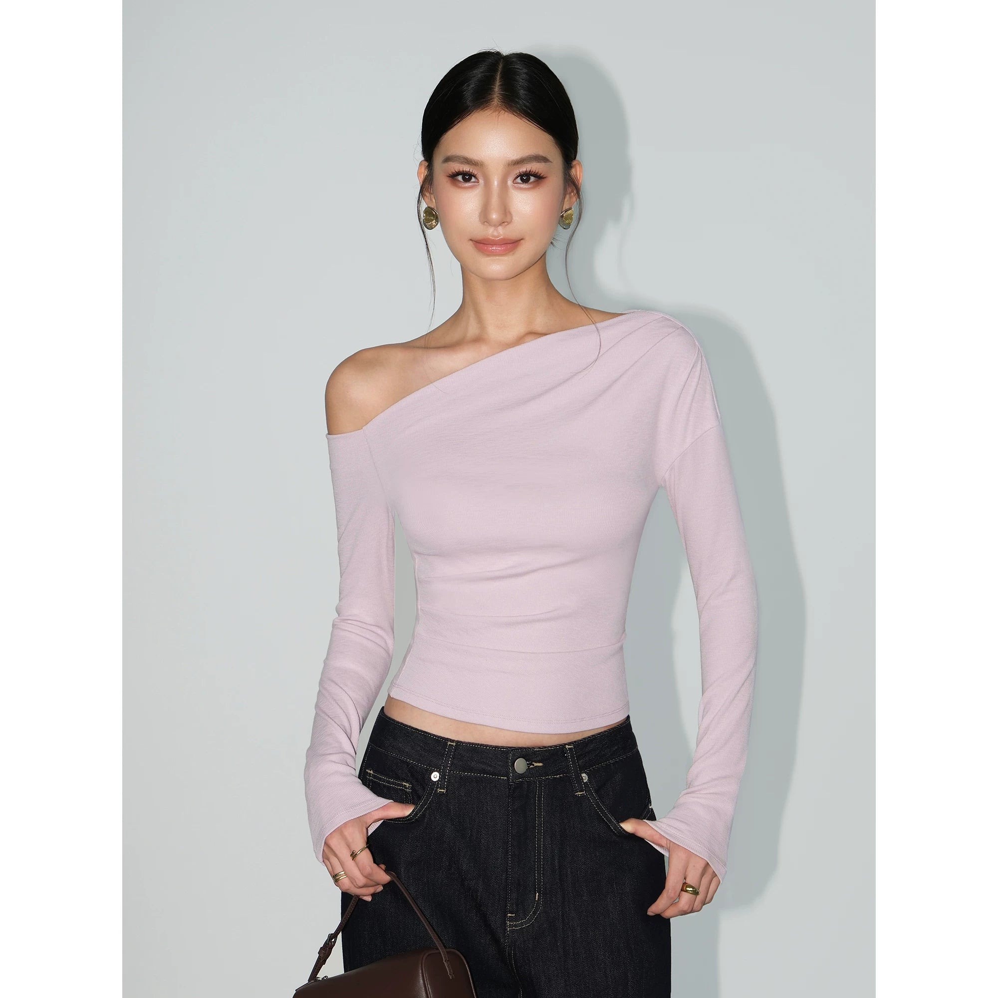 Side Glimmer Asym One‑Shoulder Long Sleeve Tee