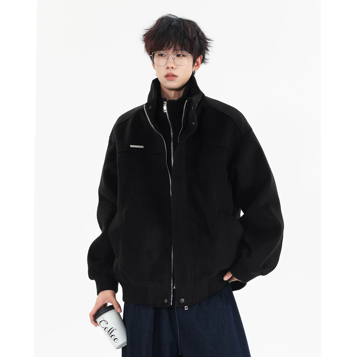 Frostloom Stand‑Collar Wool Bomber Jacket
