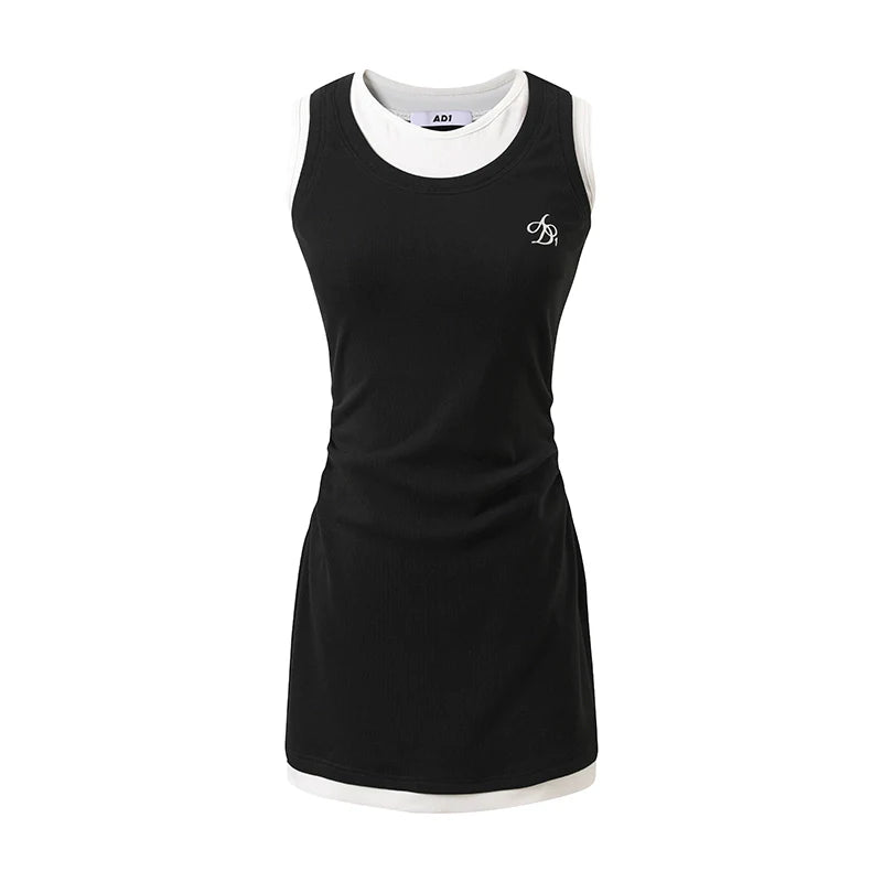 Athletic Layered Tank Dress - Sleeveless Fitted Mini with Contrast Trim