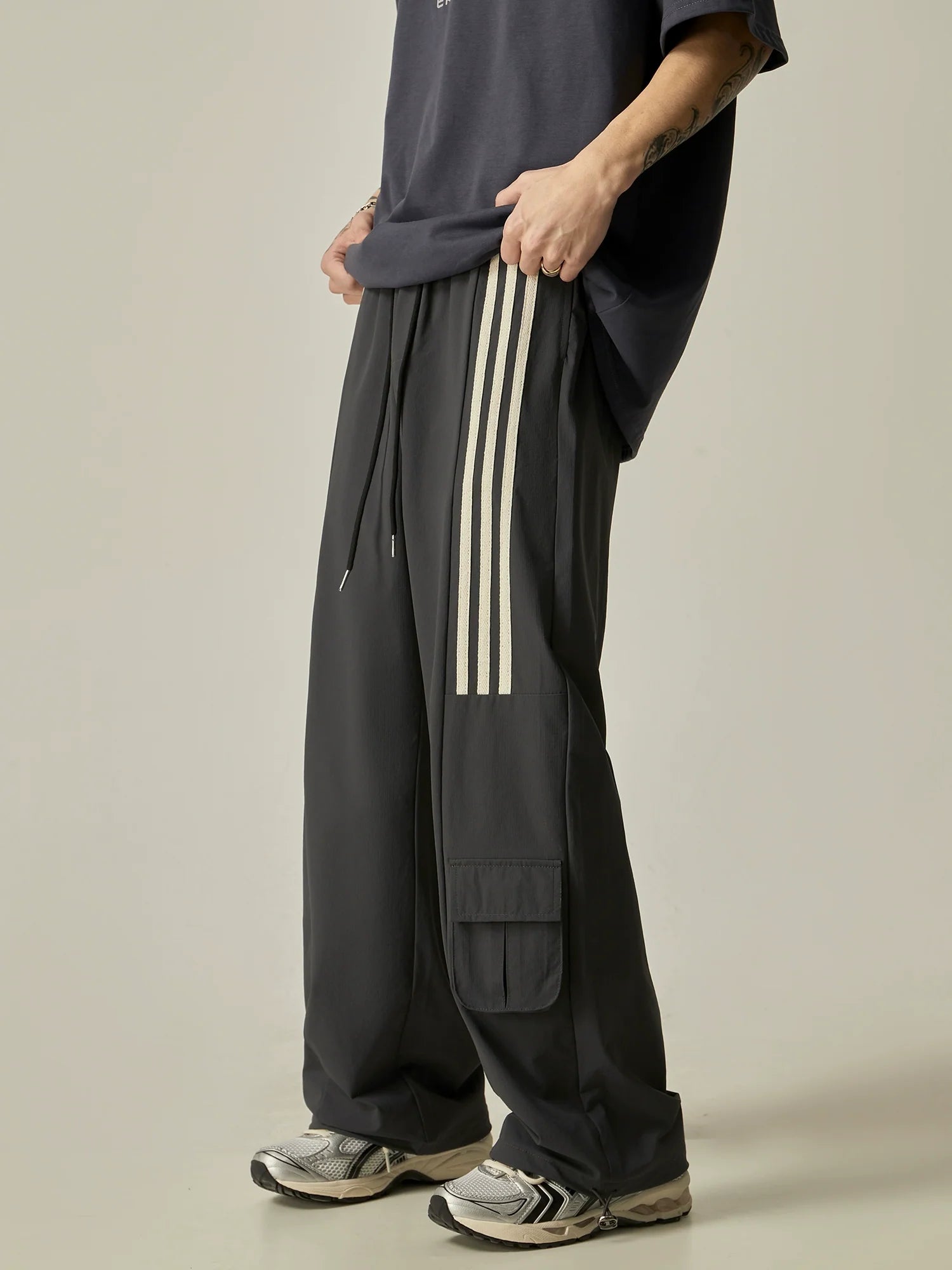 Wide-Leg Triple Stripe Cargo Track Pants