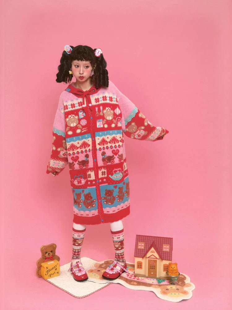 Sweet Bear Fair Isle Hooded Long Cardigan