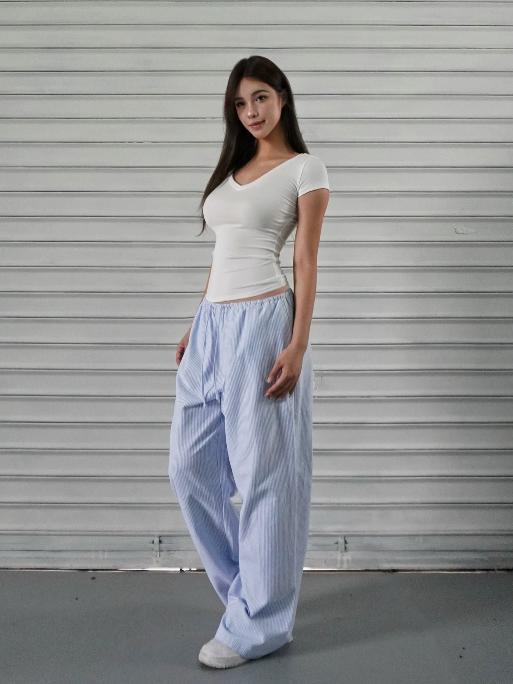 Blue and White Striped Wide-Leg Pants