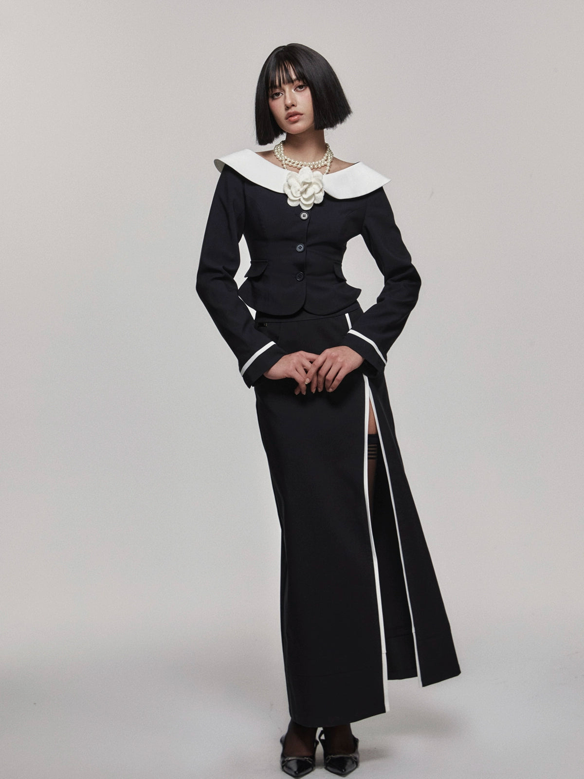 Monochrome Asymmetrical Blazer Set With Hourglass Top And Slimming Long Skirt - chiclara