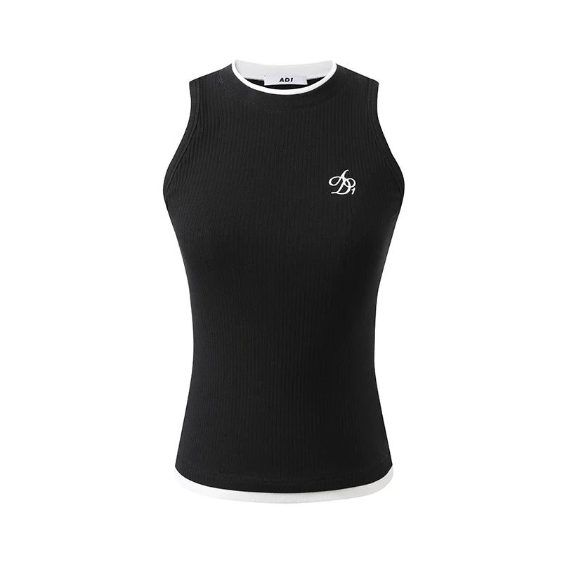 Ribbed Sleeveless Tank Top: Fitted Crew Neck with Embroidered Logo