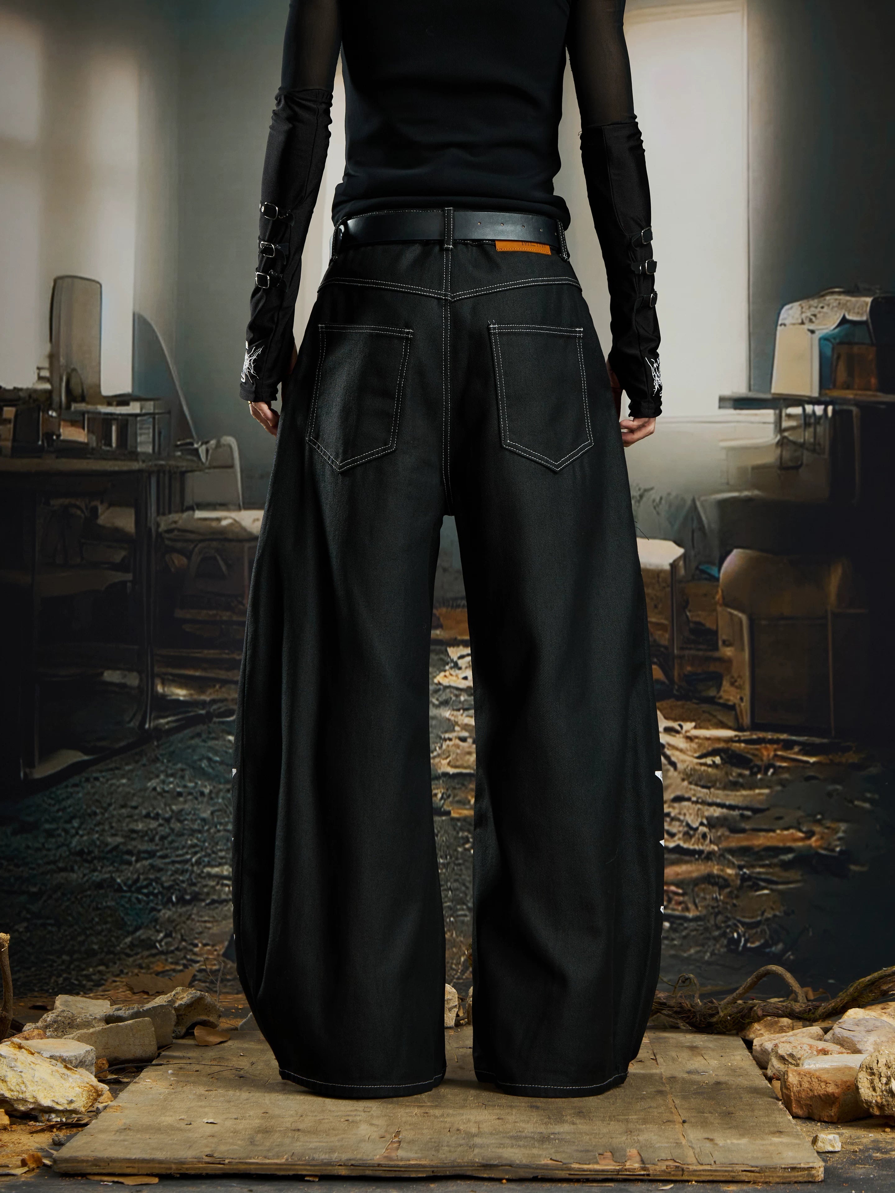Wreckline Script Wide‑Leg Denim Pants