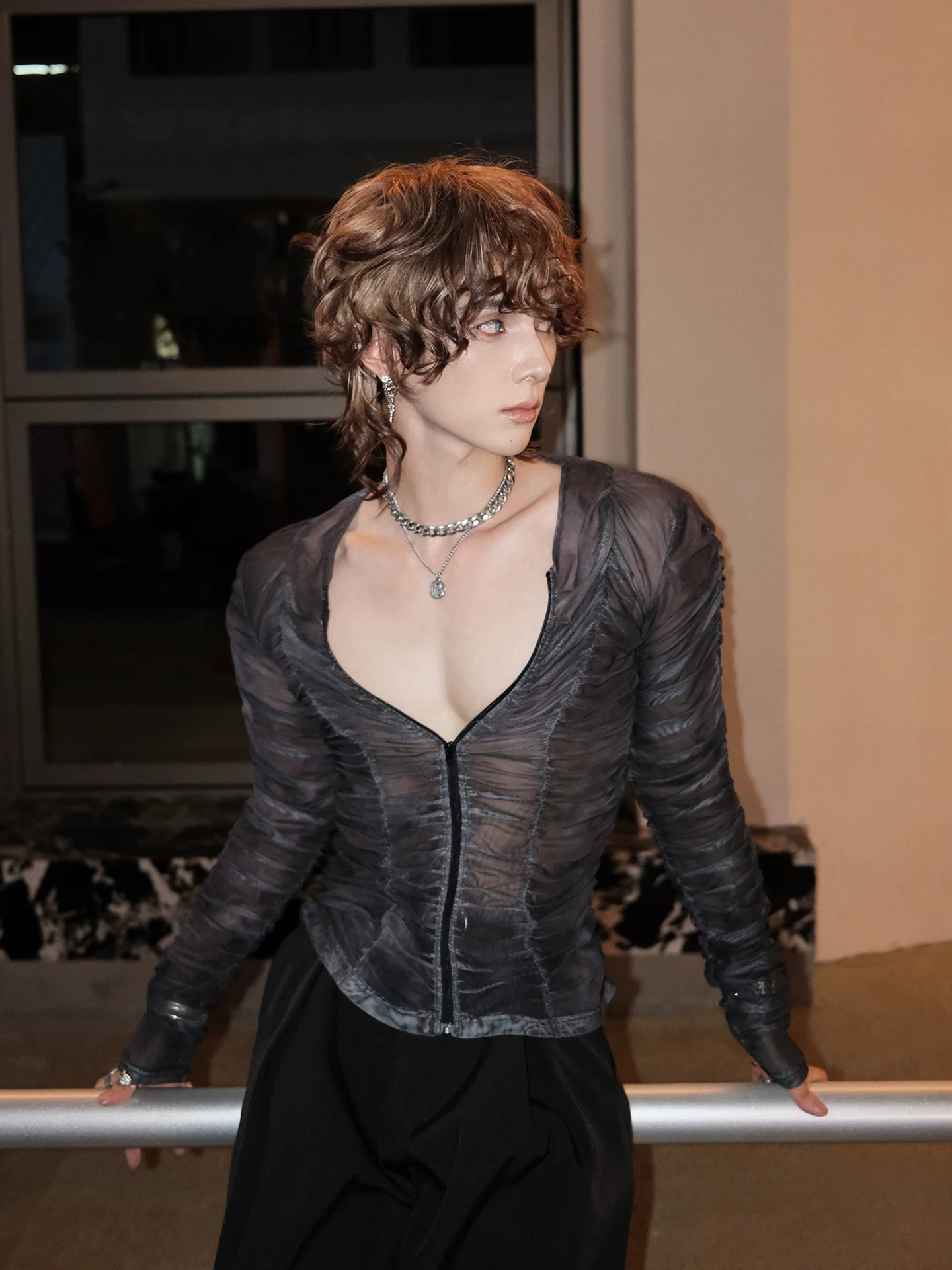 Midnight Siren Ruched Sheer Zip Top