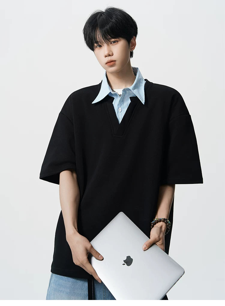 Layered V-Placket Oversize Polo Tee