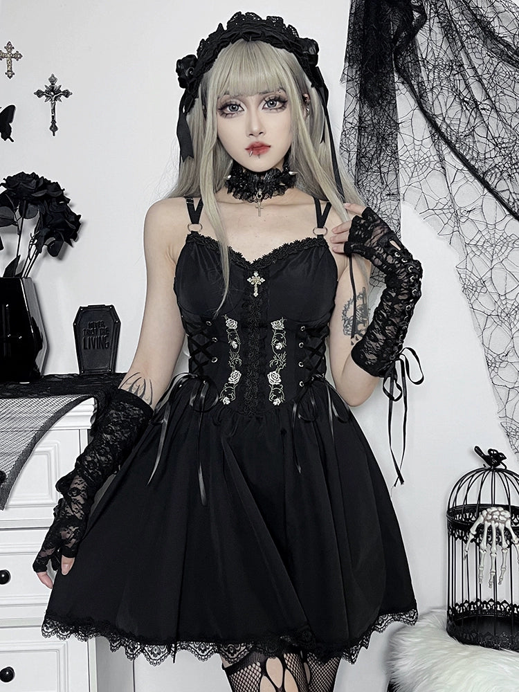 Wannathis Gothic Lolita Dress Set - Black Corset Mini Dress With Lace Bolero And Gloves