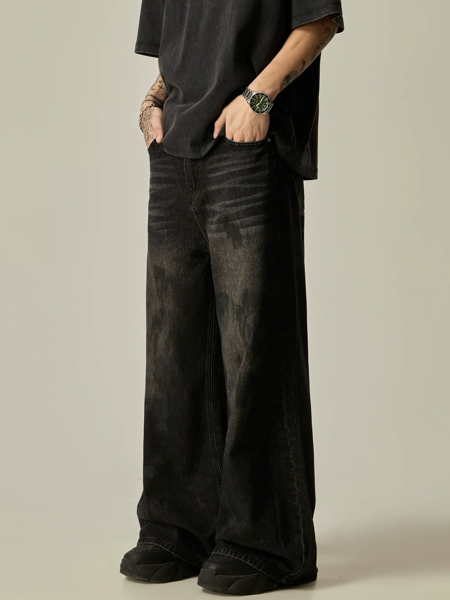 Wide-Leg Distressed Black Denim Jeans