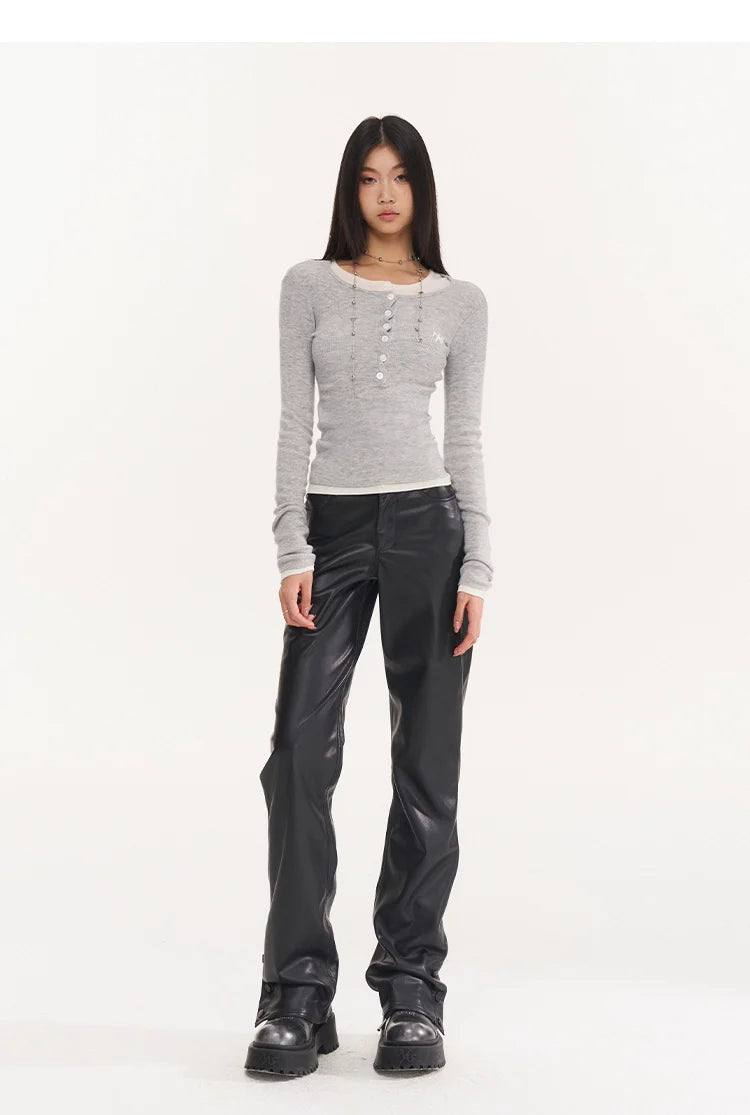 Ribbed Knit Cropped Henley Top