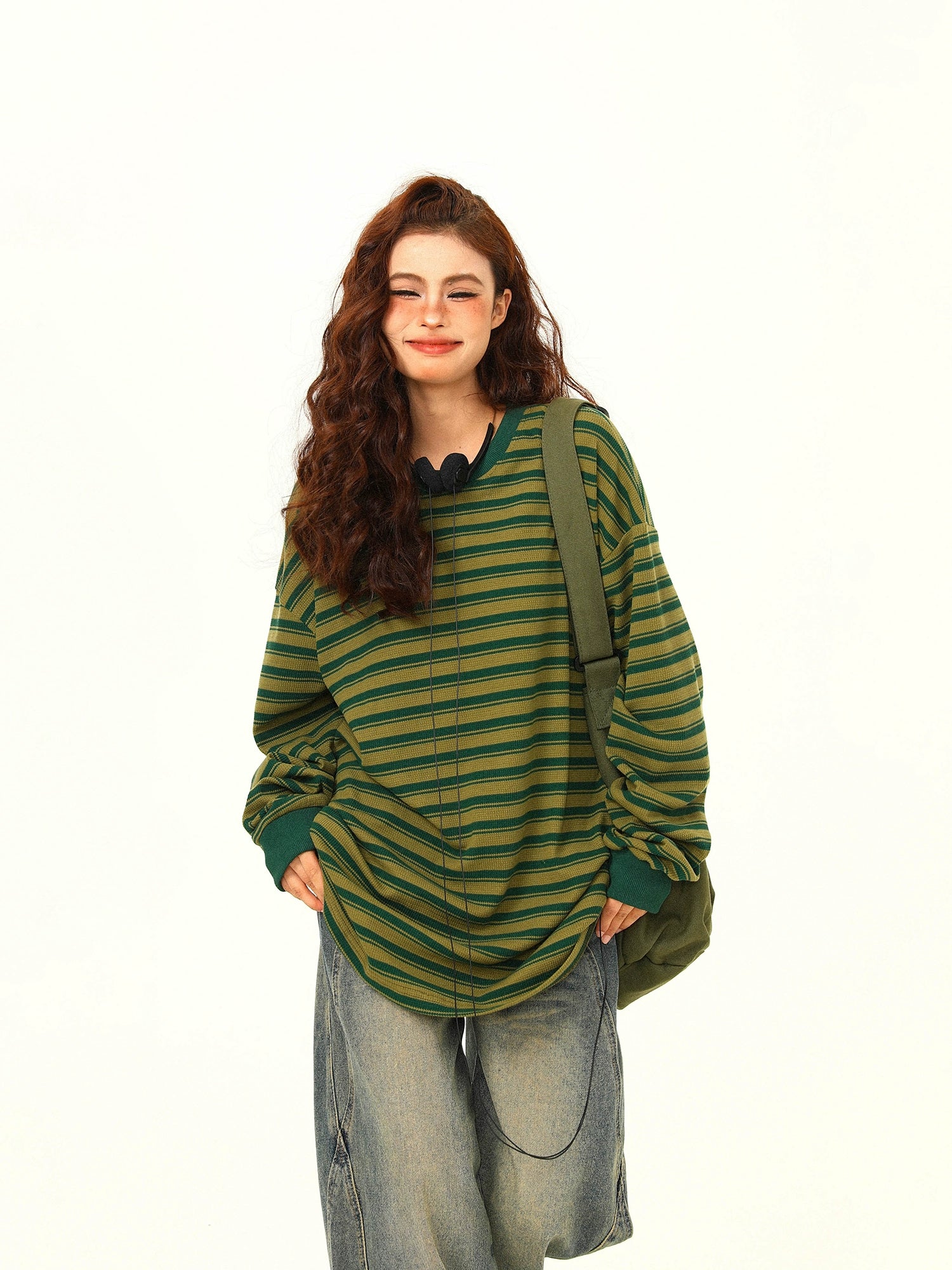 Green and Yellow Striped Oversized Long Sleeve Tee