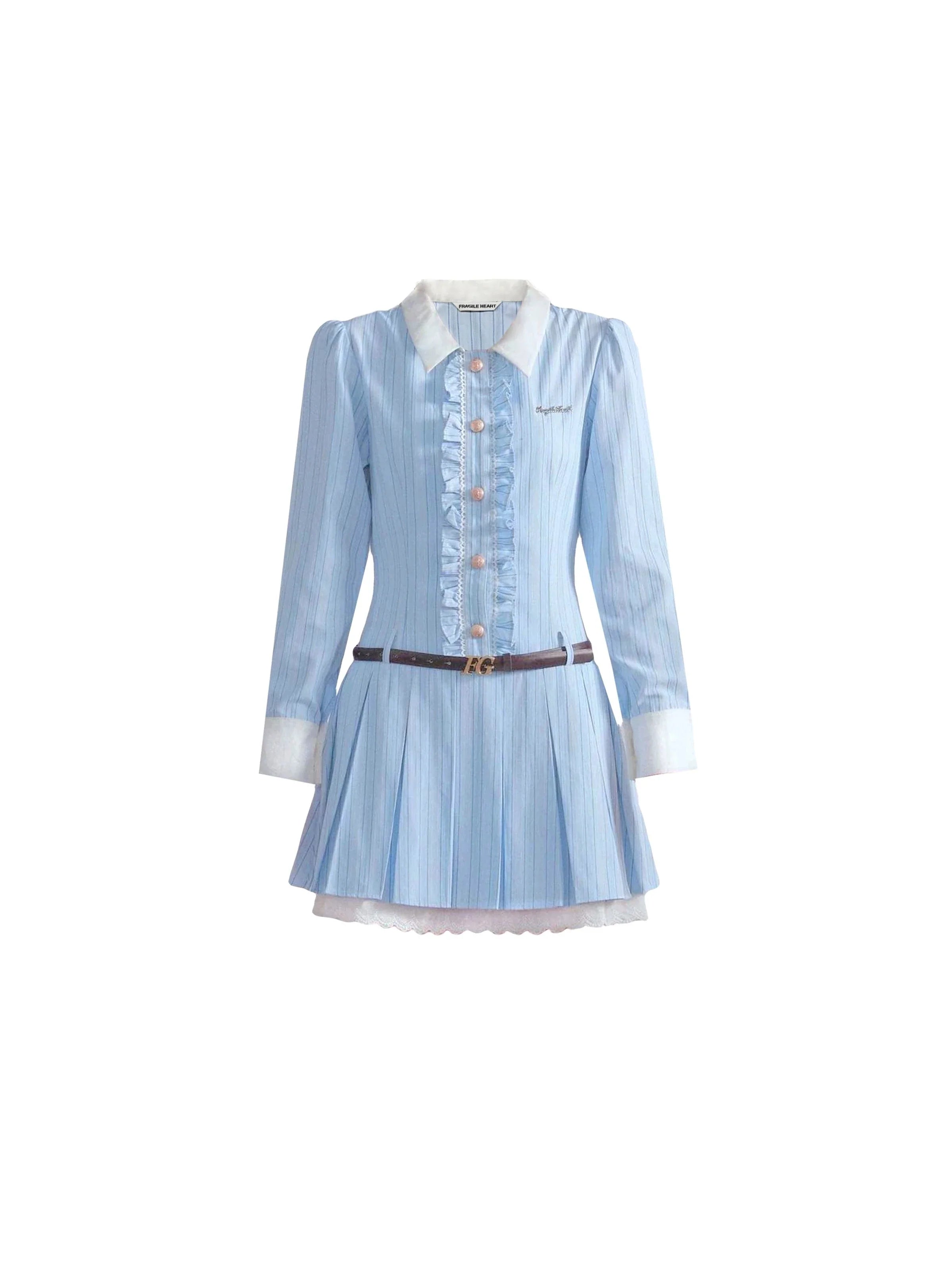 Vintage-Inspired Ruffled Chambray Mini Dress with Belt