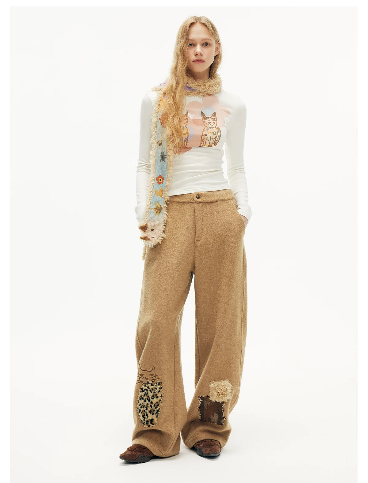Leopard Pocket Kitty Patch Wide‑Leg Pants