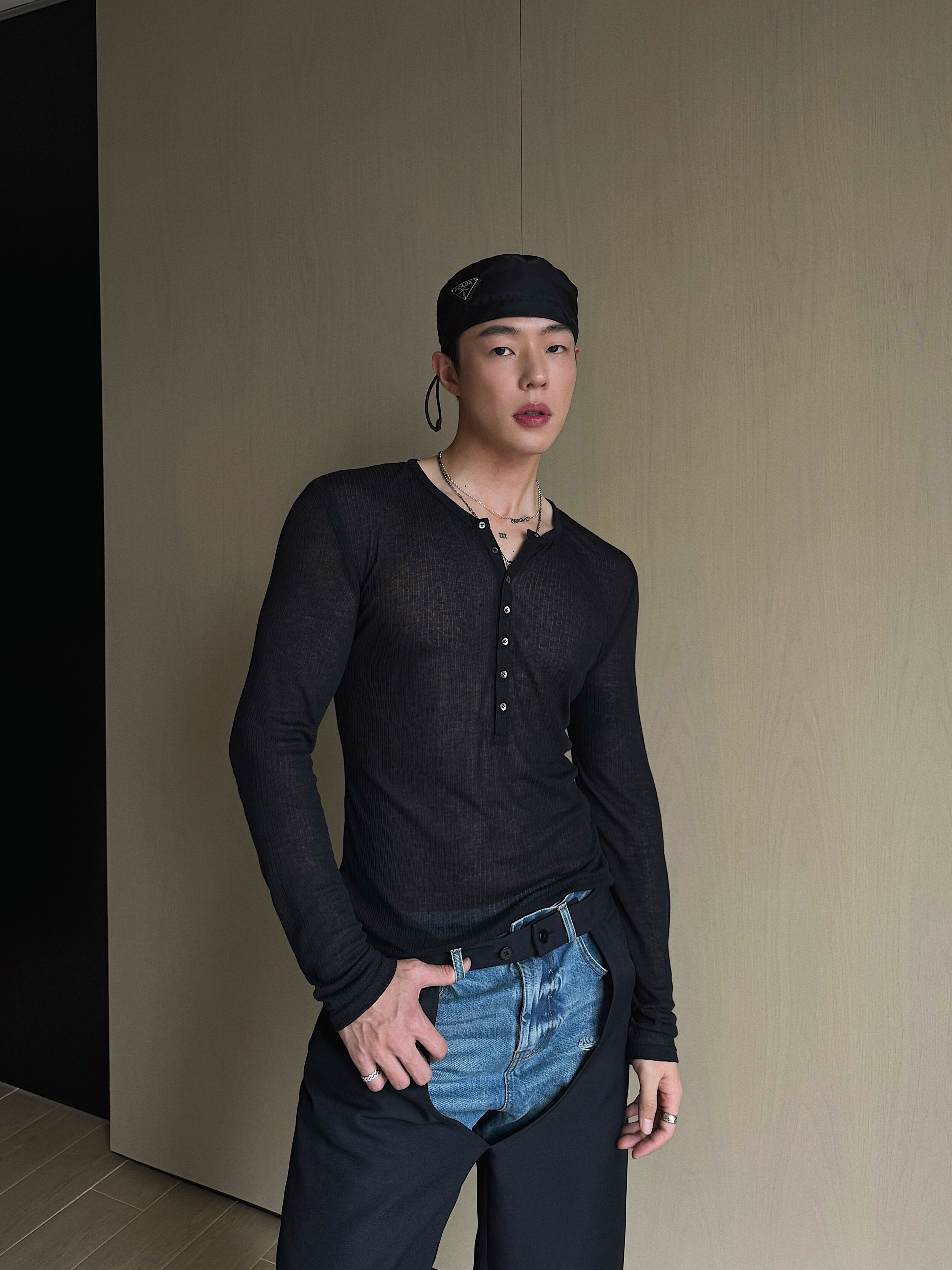 Black Henley Long Sleeve Knit Top