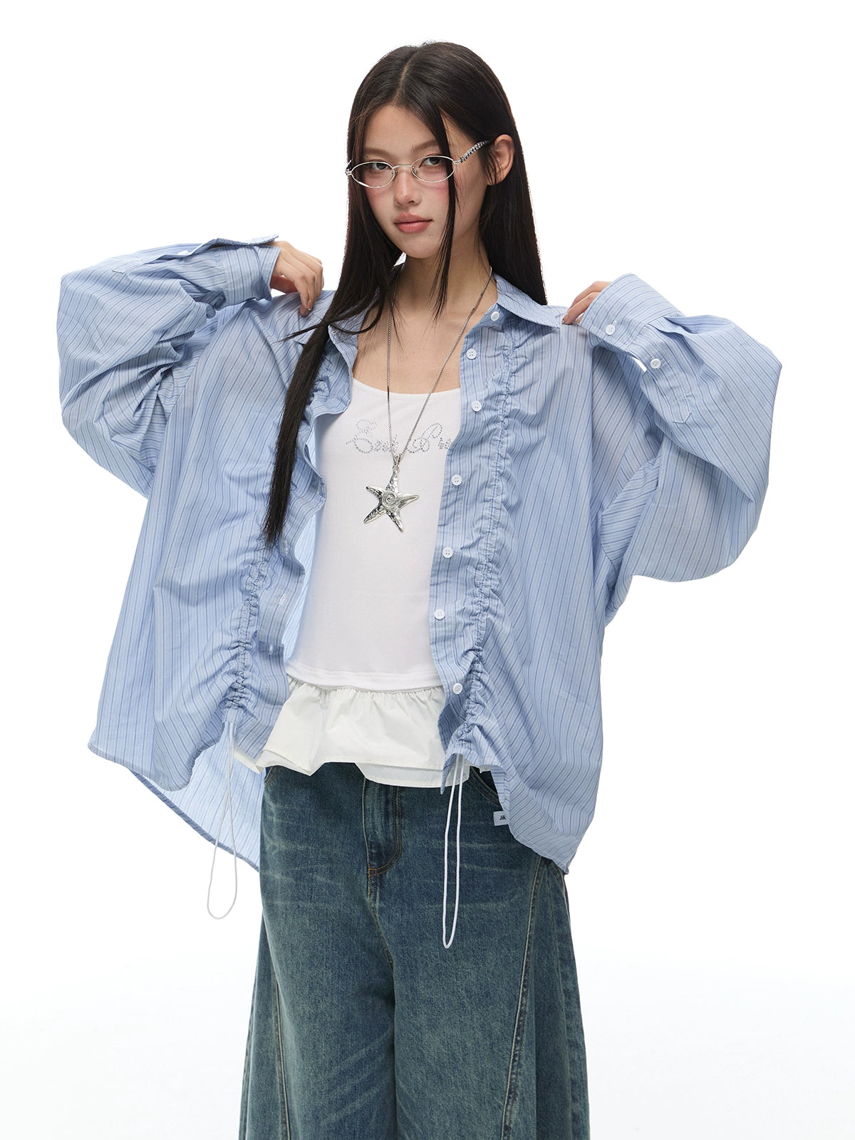 Ruffled Striped Oversized Shirt