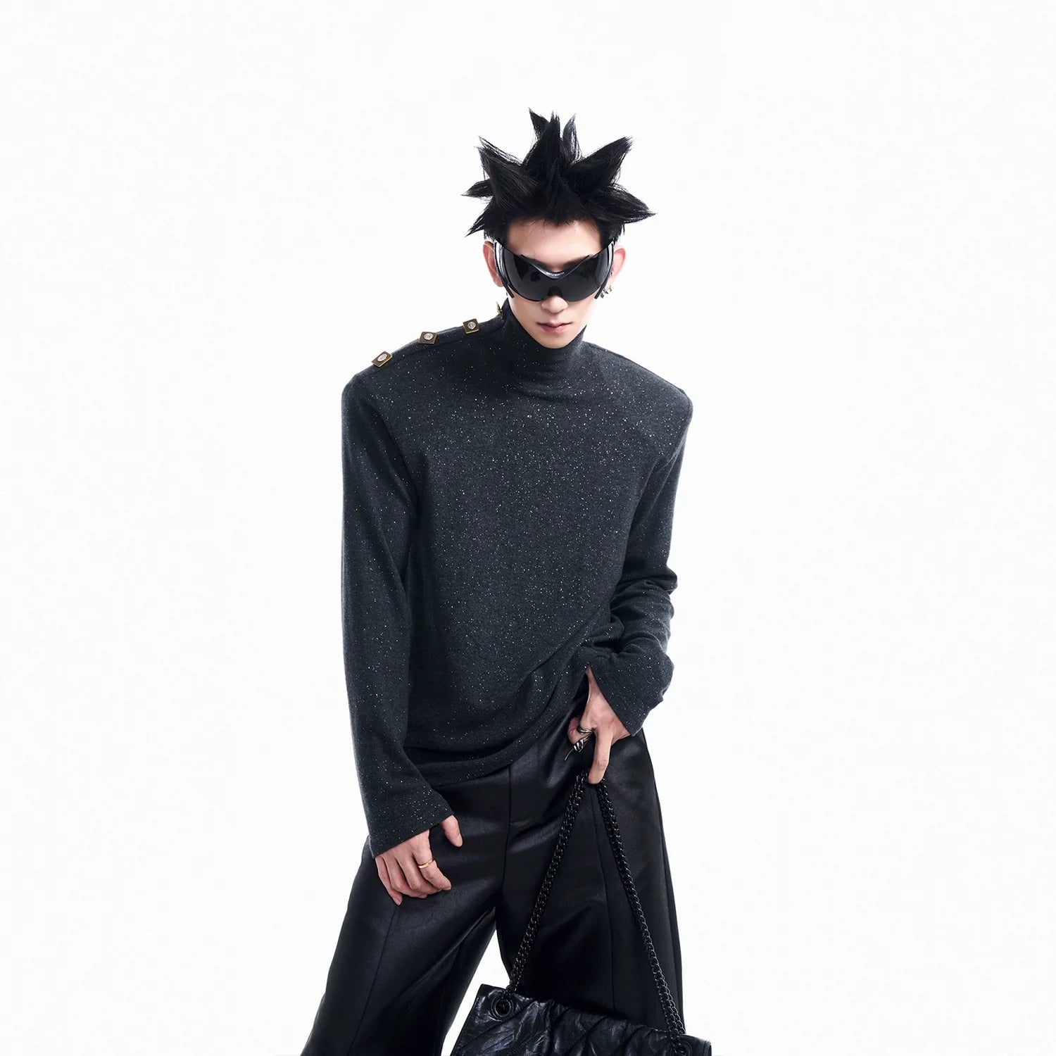 Glitter Turtleneck with Shoulder Buttons Sweater