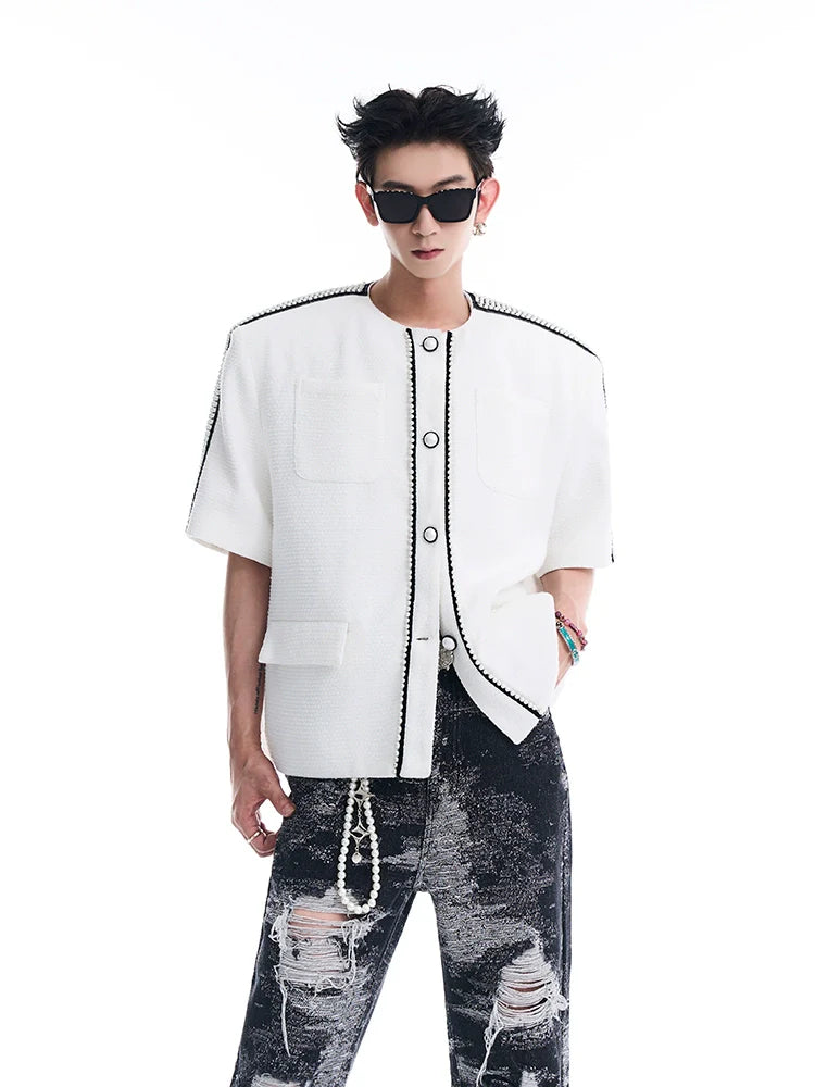 Pearl-Trimmed Short Sleeve Jacket