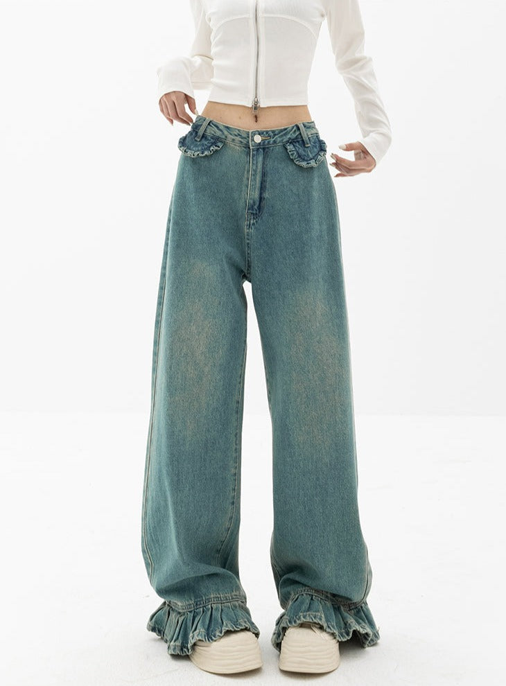 Teal Ruffle Wide Leg Jeans