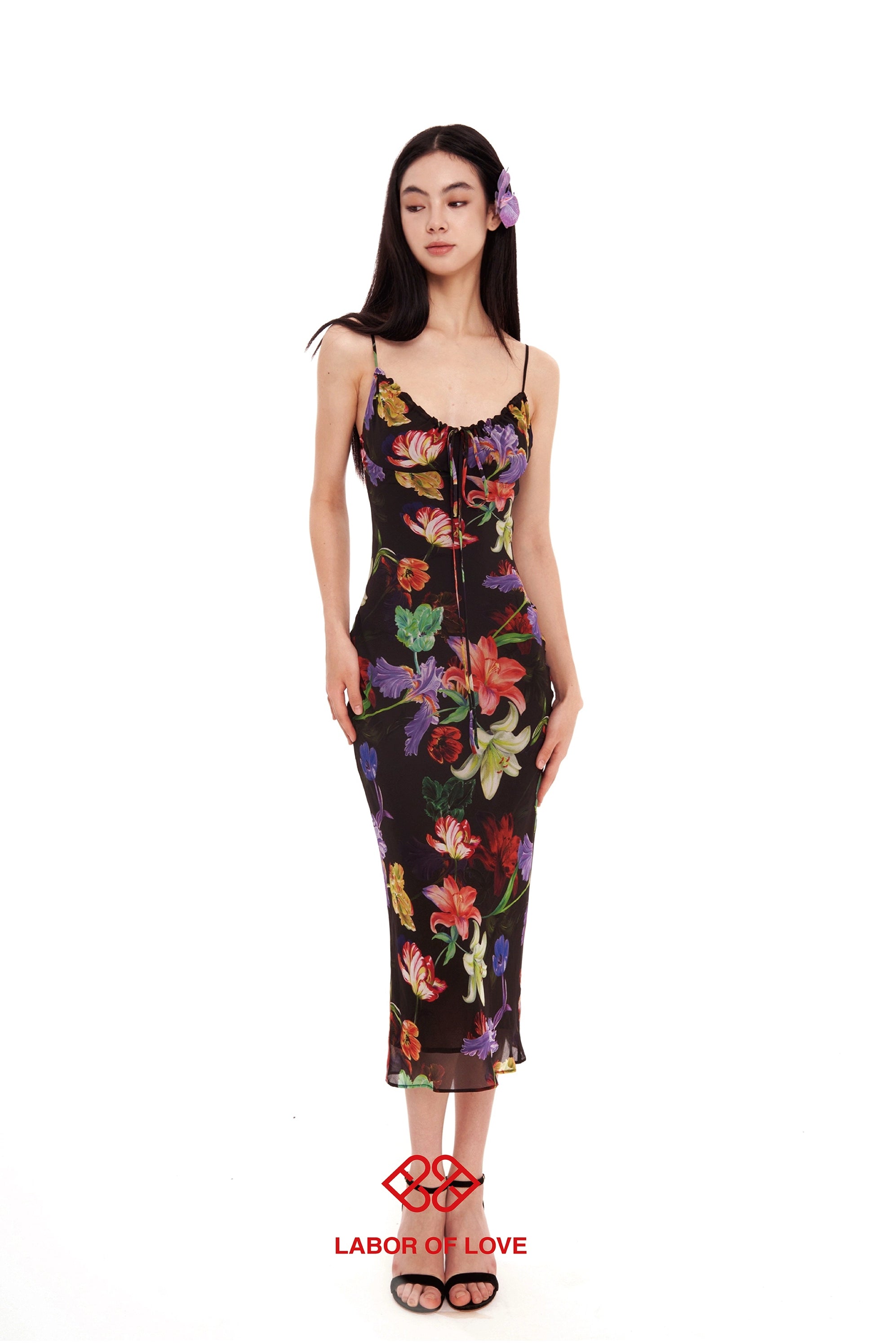 Black Tropical Print Floral Maxi Dress