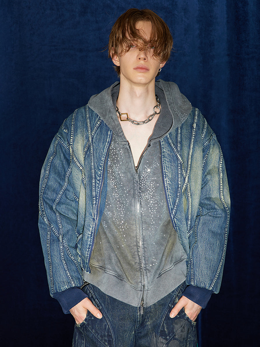 Deconstructed Damaged Denim Bomber Jacket