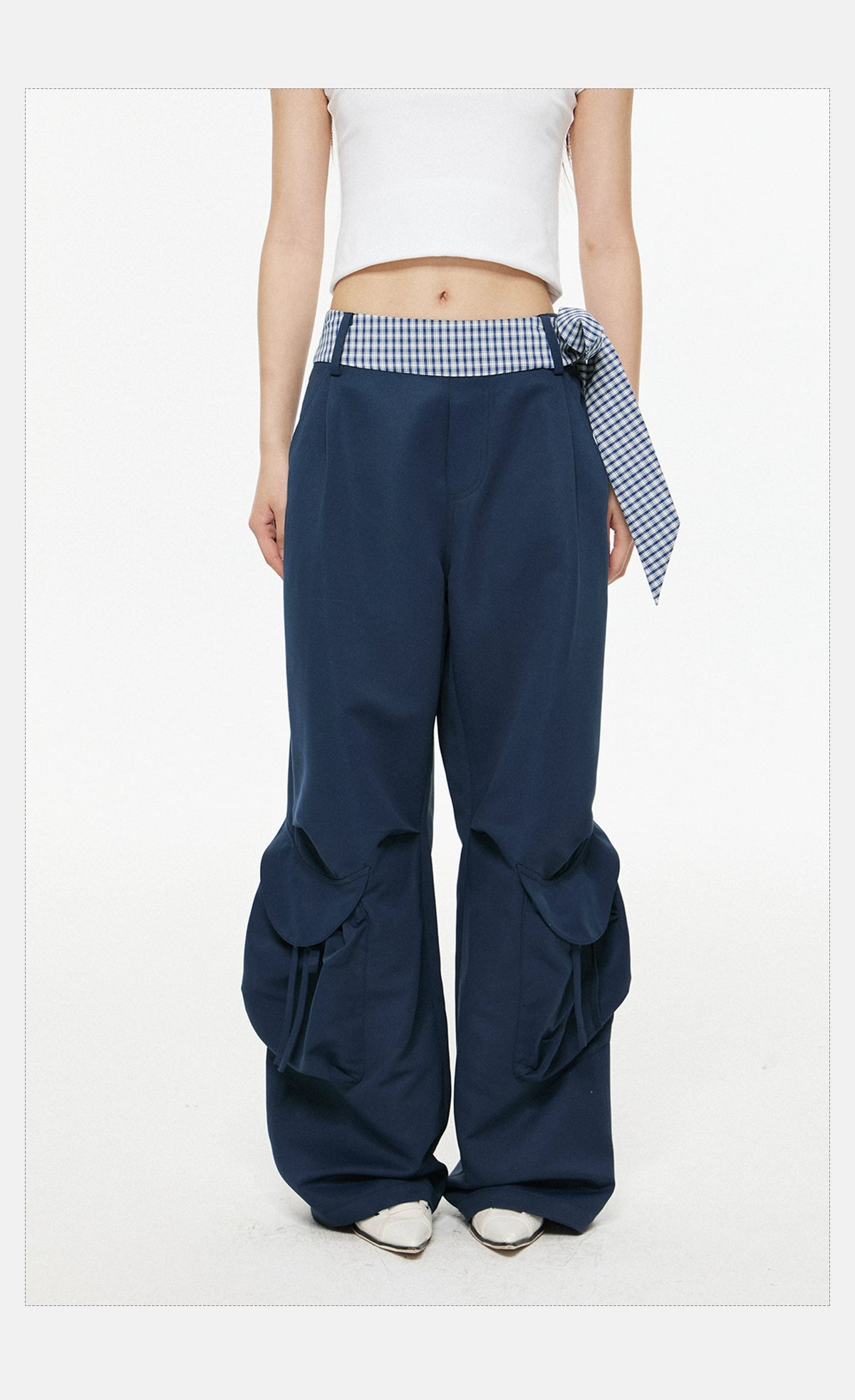 Wide-Leg Dark Cargo Pants with Striped Sash Belt