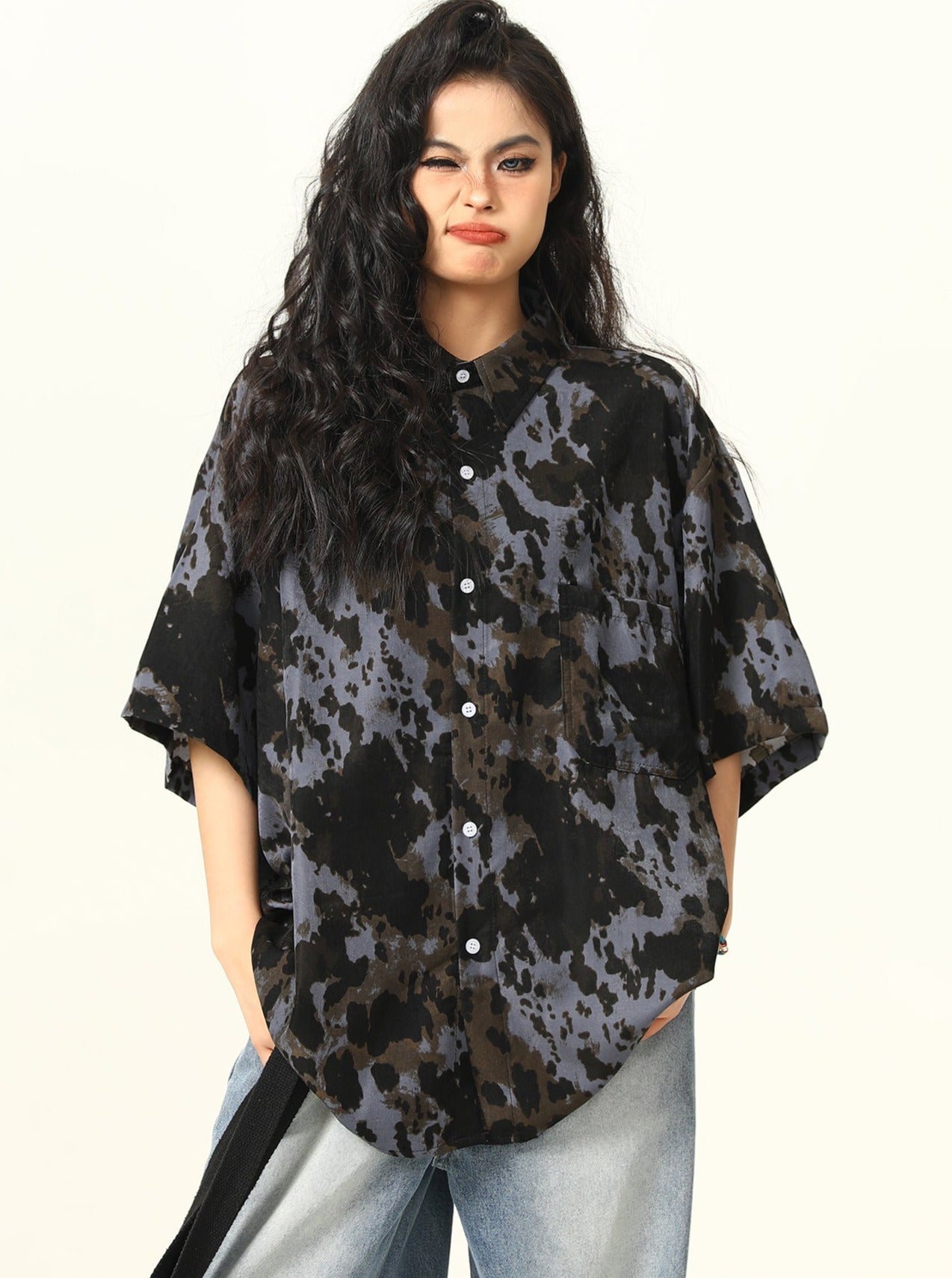 Oversized Tie-Dye Button-Up Shirt in Black and Grey