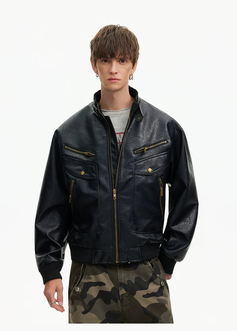 Retro Moto Zip Faux‑Leather Jacket