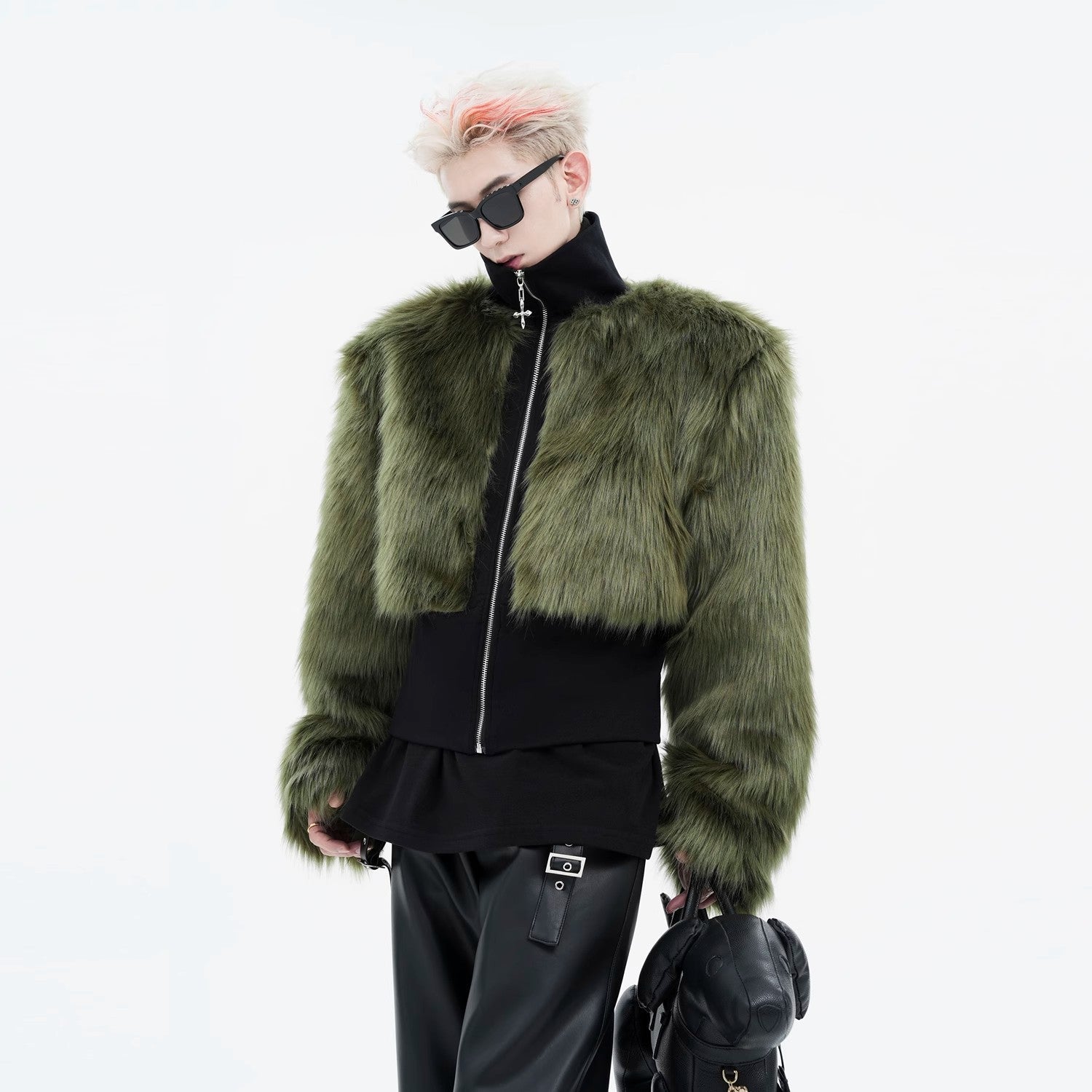 High Neck Olive Fur Panel Jacket