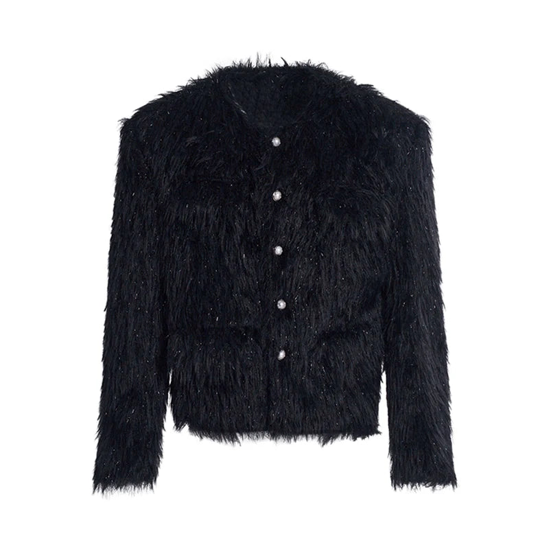 Shaggy Faux Fur Coat with Crystal Button Details