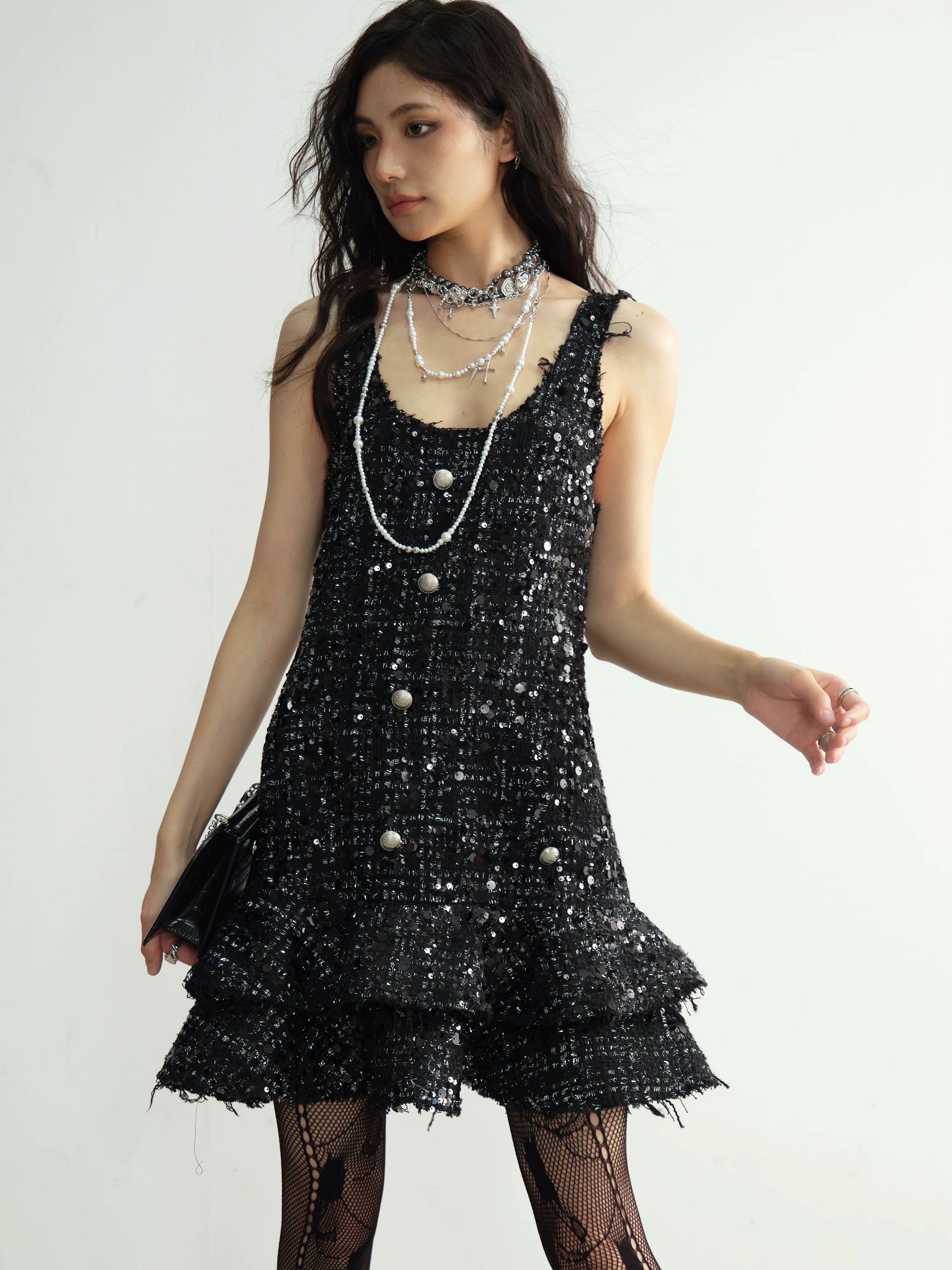 Black Sequin Tweed Tiered Mini Dress