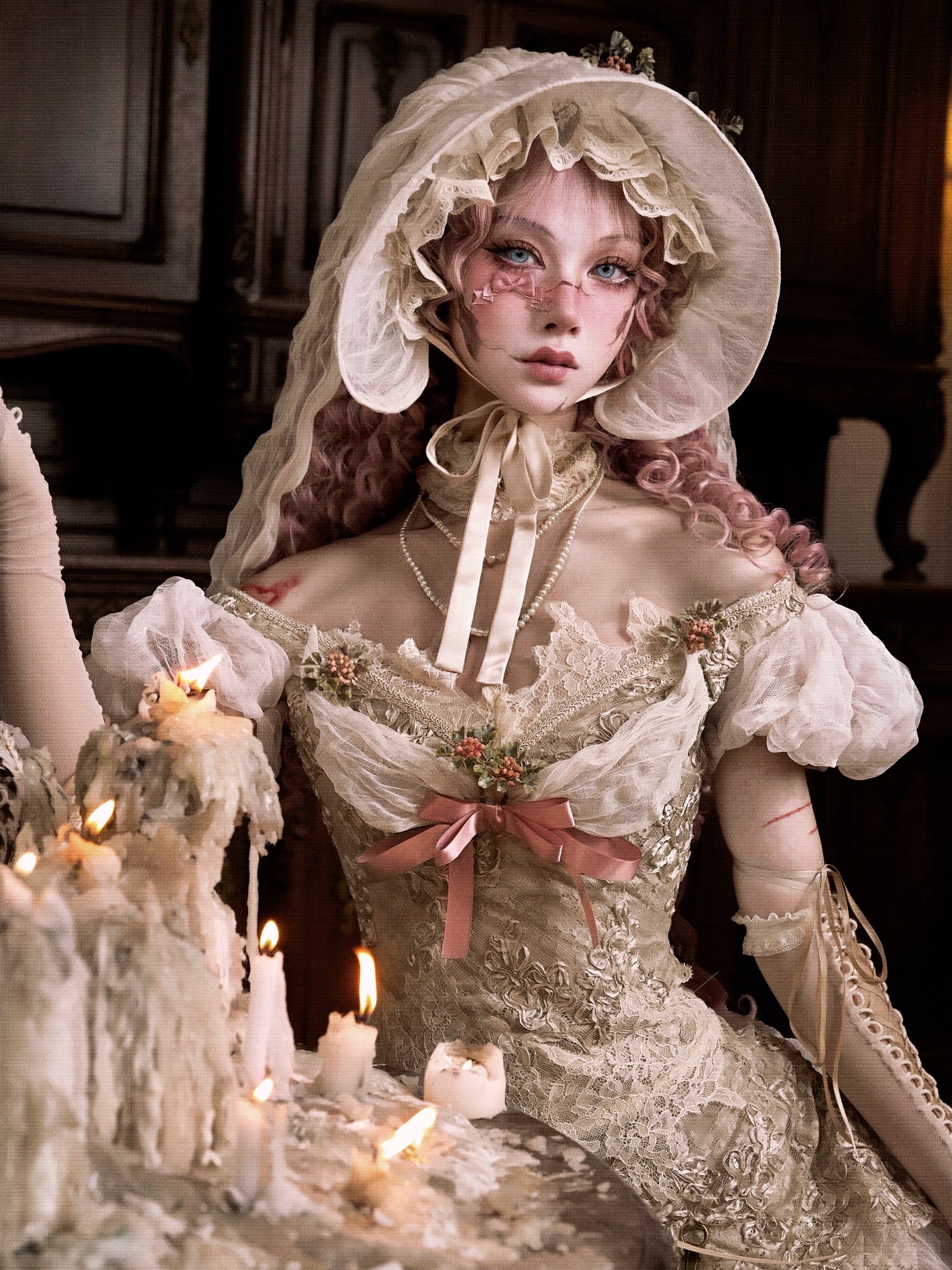 Victorian Ivory Bonnet with Floral Embellishments
