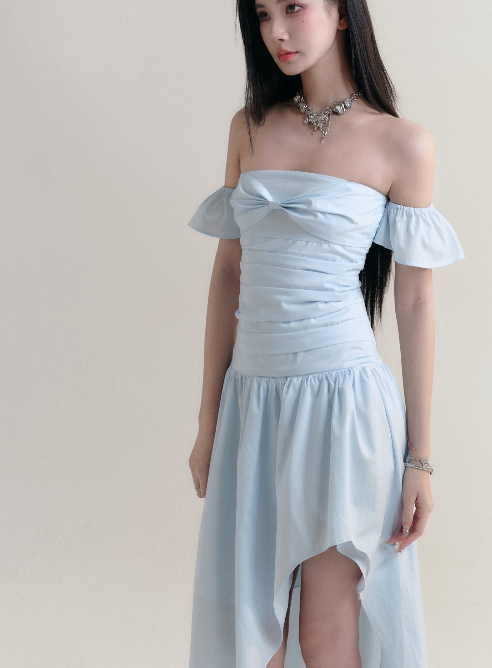 Pale Blue Off-Shoulder Ruched Maxi Dress with Asymmetrical Hem