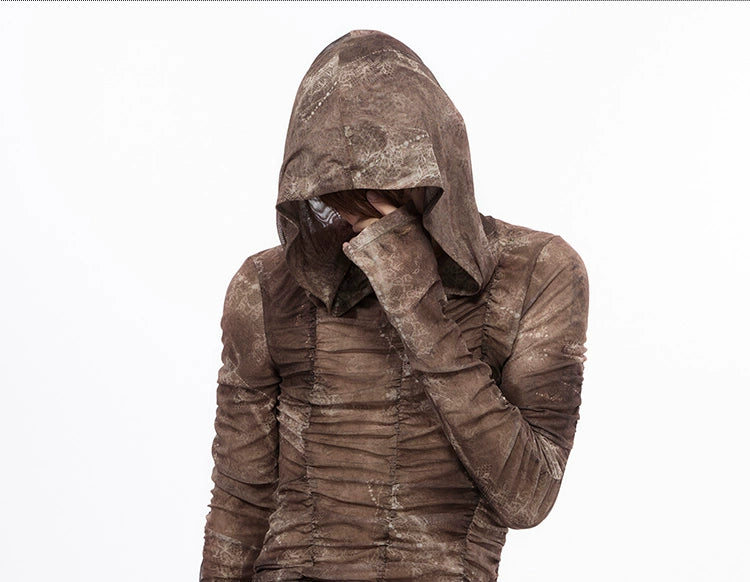 Distressed Brown Hooded Long Sleeve Top with Ruched Detailing