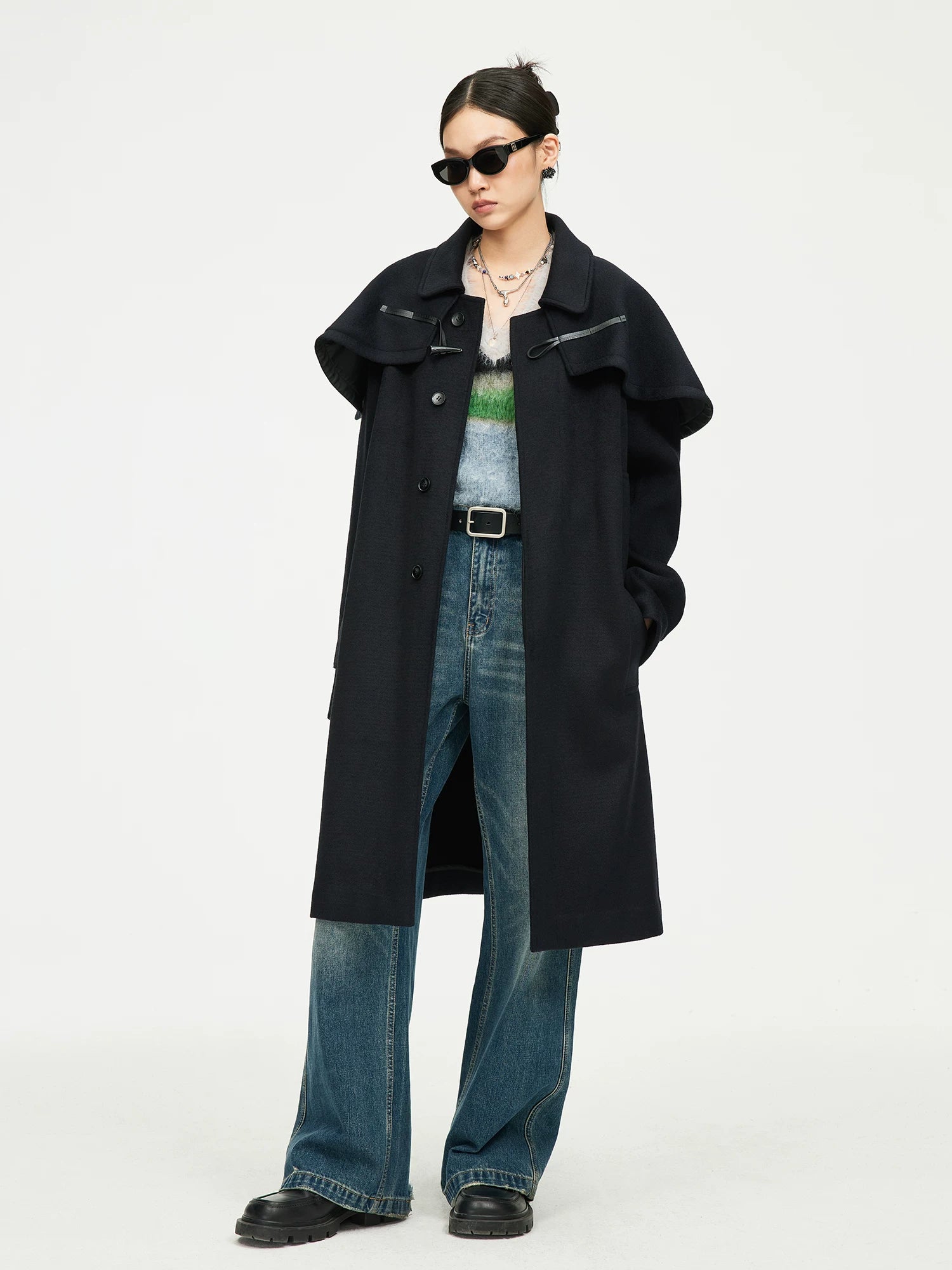 Black Cape-Detail Long Coat