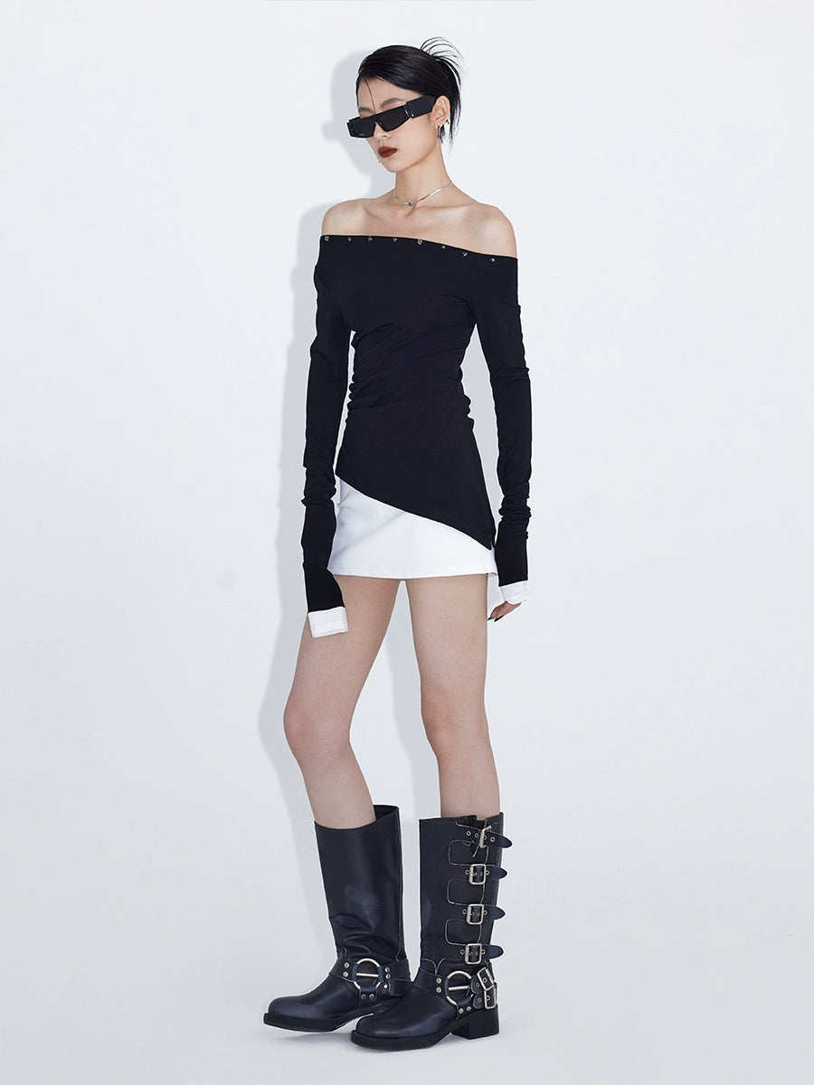 Midnight Edge Asymmetric Off‑Shoulder Top