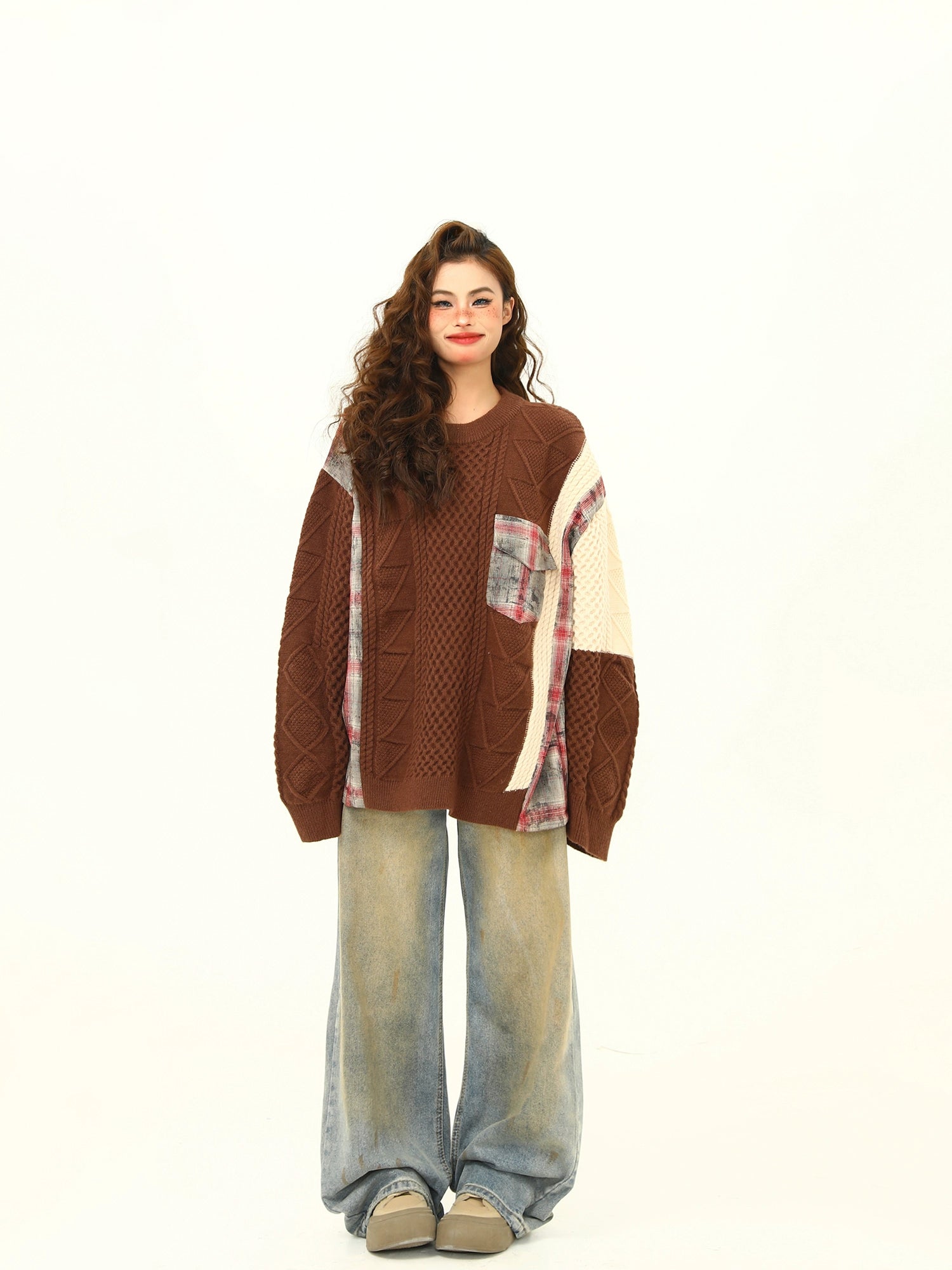 Patchwork Knit and Plaid Sweater