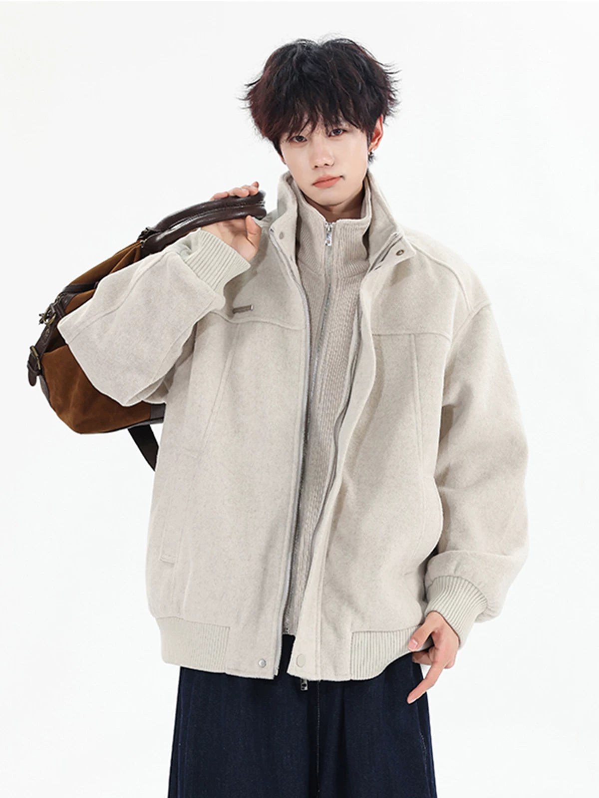 Frostloom Stand‑Collar Wool Bomber Jacket
