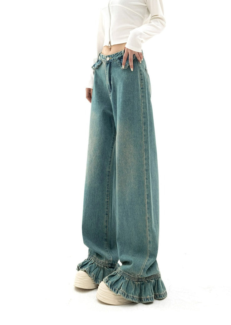 Teal Ruffle Wide Leg Jeans