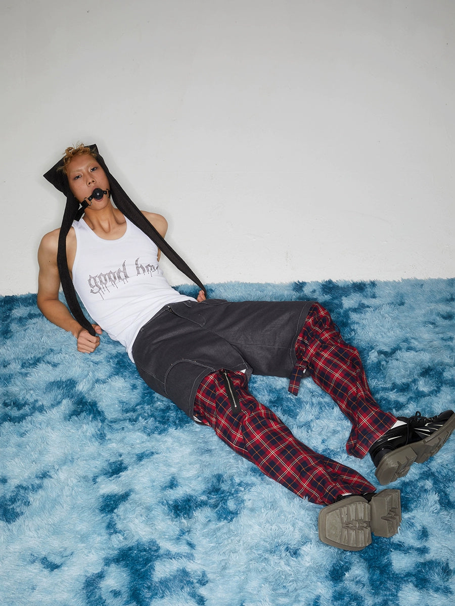 Hybrid Plaid-Panel Cargo Pants