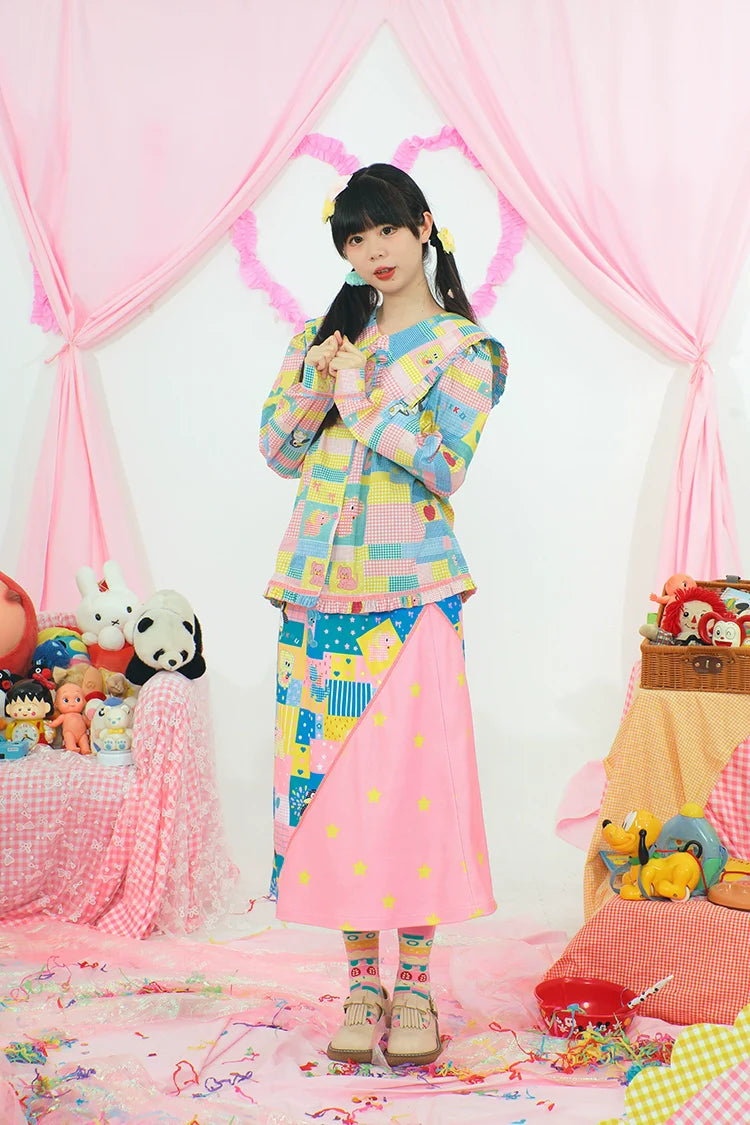 Patchwork Cartoon Print Skirt