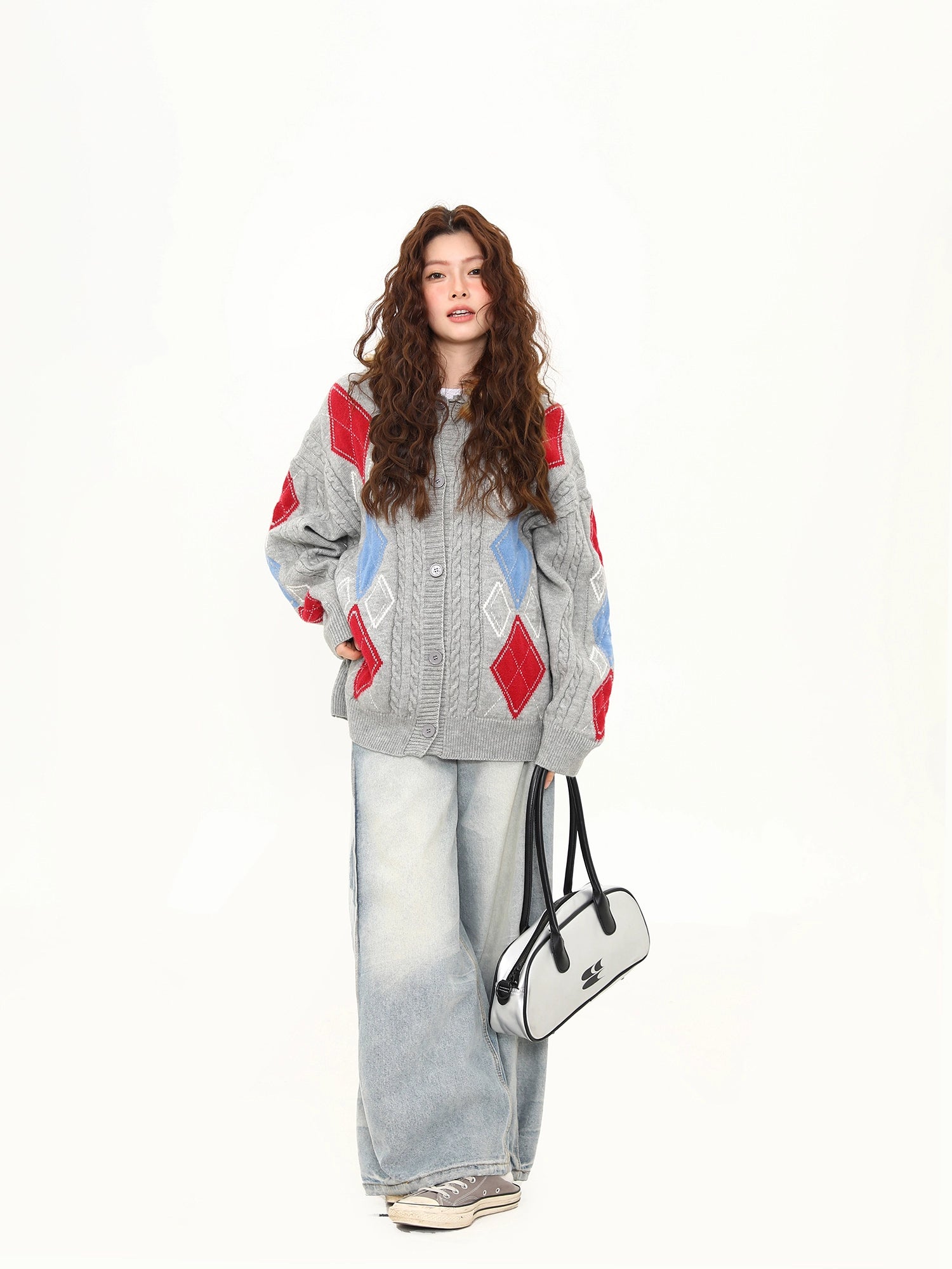 Frosty Argyle Faux-Fur Hood Cardigan