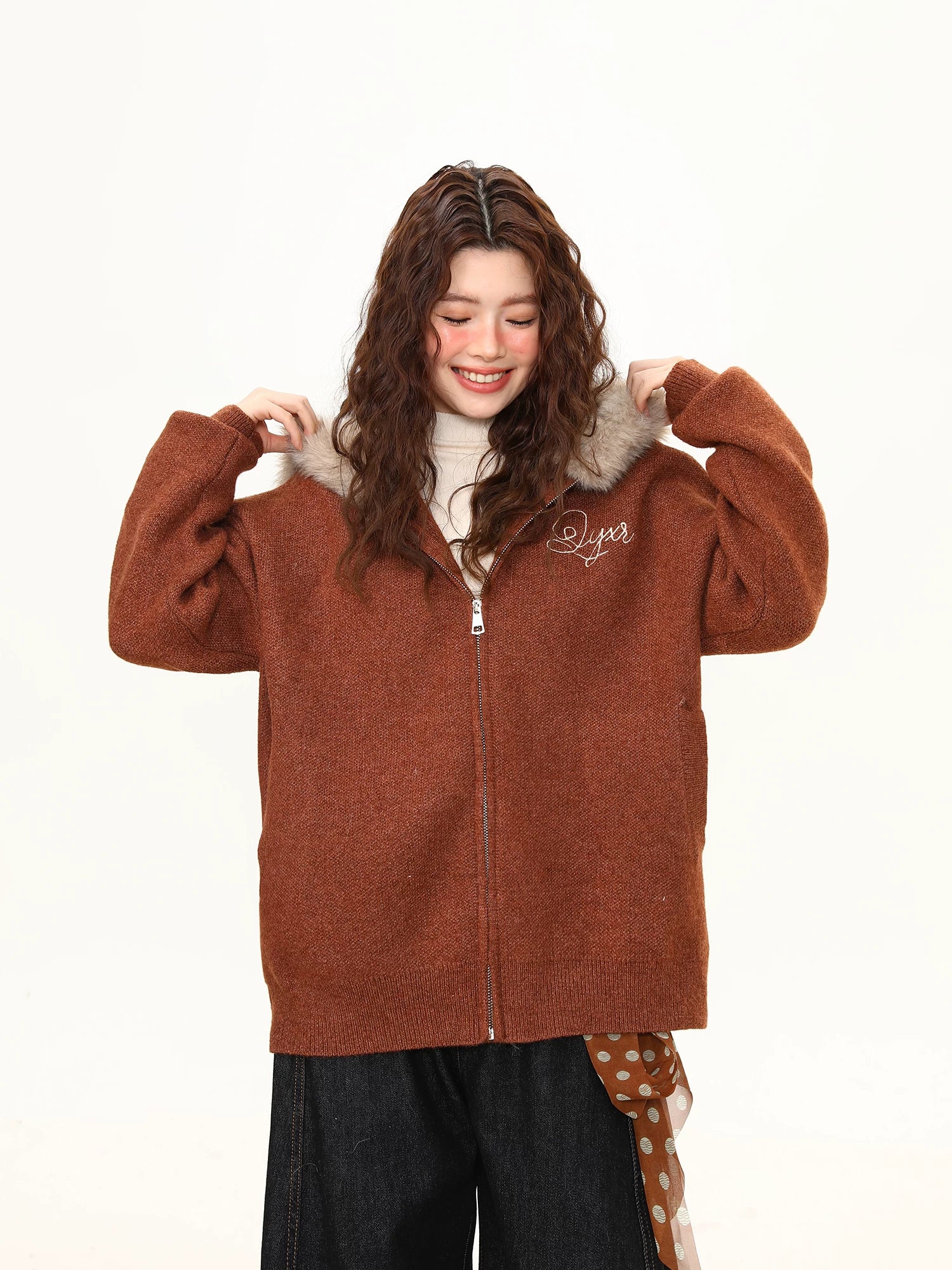 Chestnut Fluff Trim Zip Hoodie Jacket