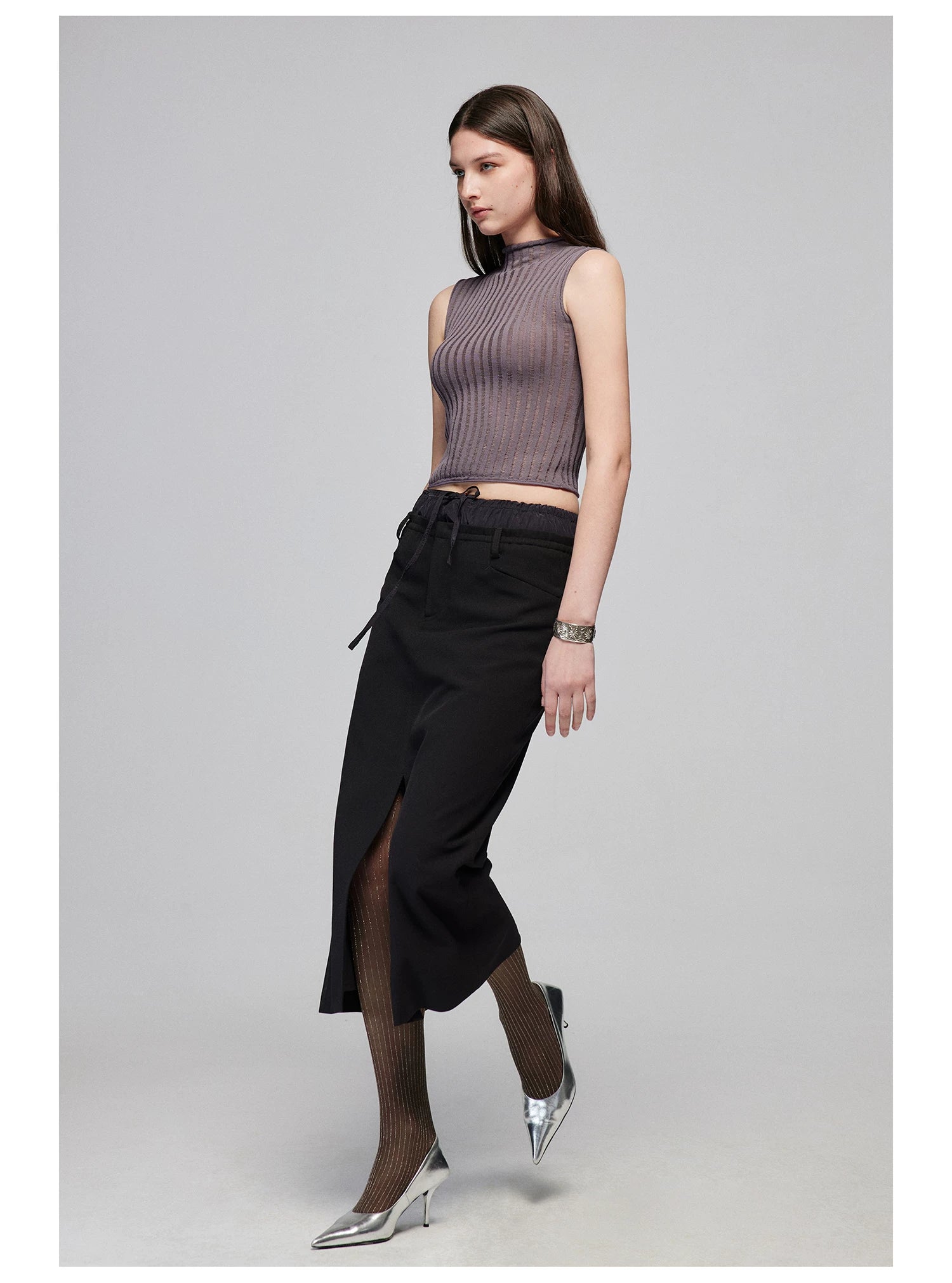 Layered Waist Front-Slit Midi Skirt