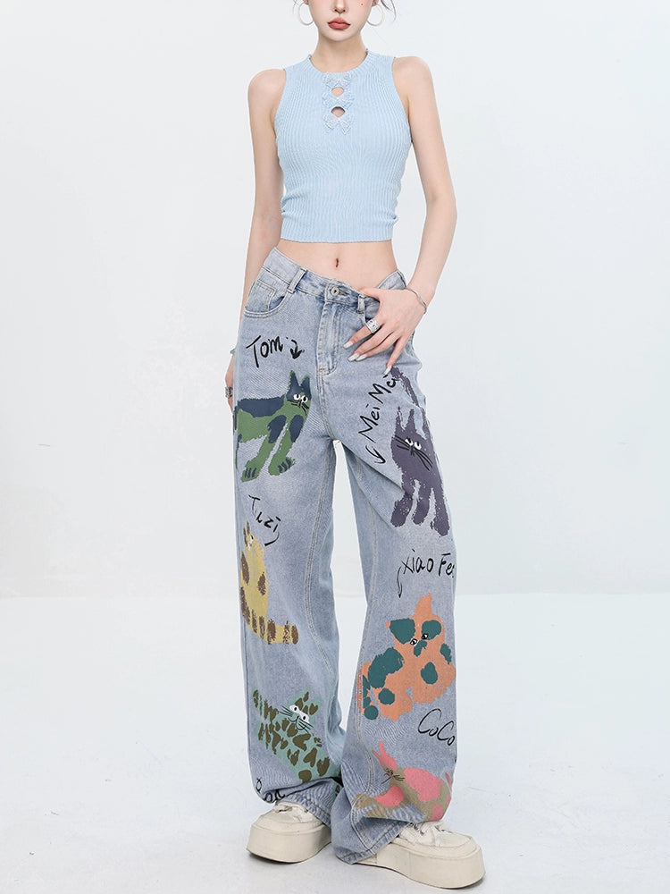 ABWEAR Whimsical Critter Doodle Wide-Leg Jeans